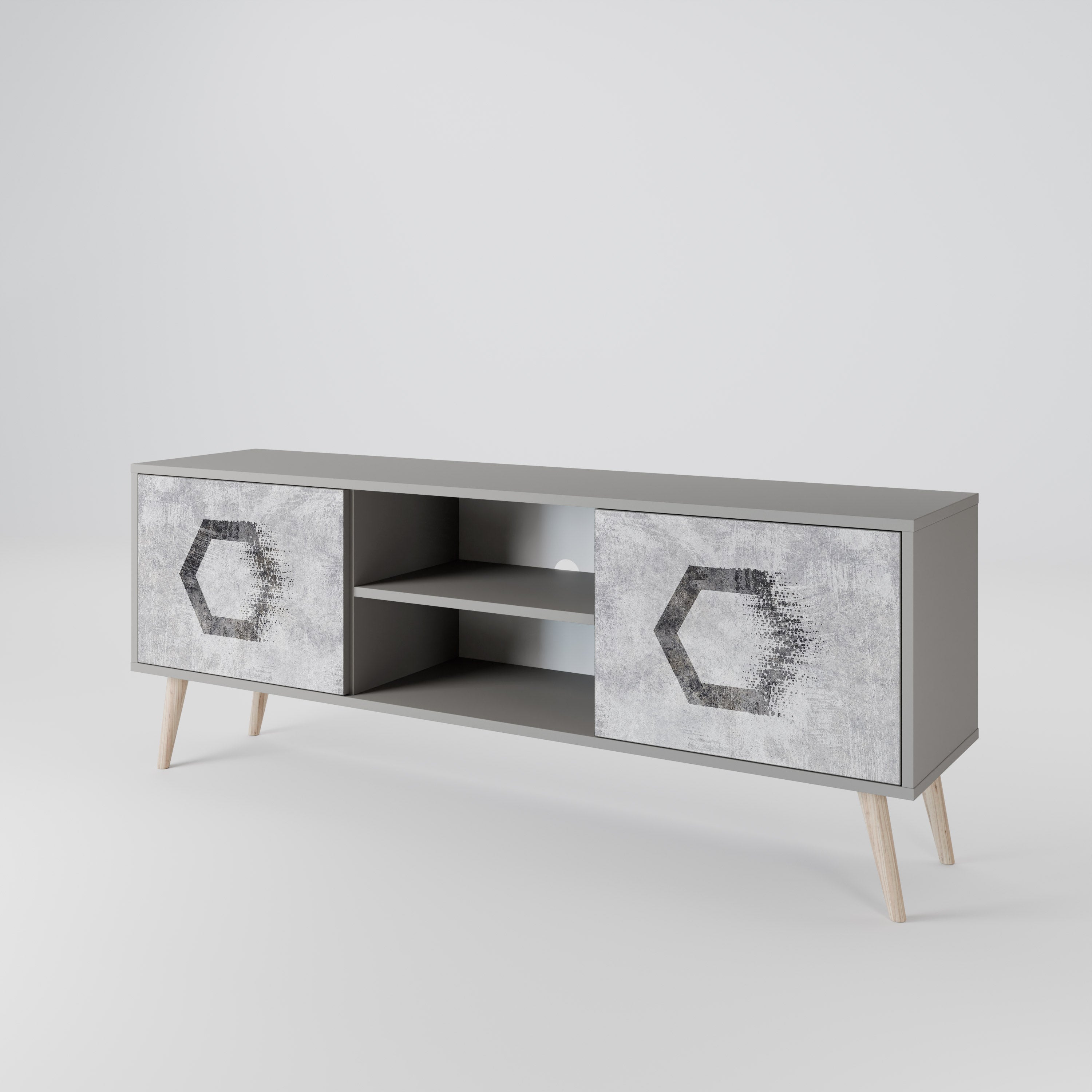 Mueble de TV de 2 puertas FIGURAS HEXAGONALES en acabado gris