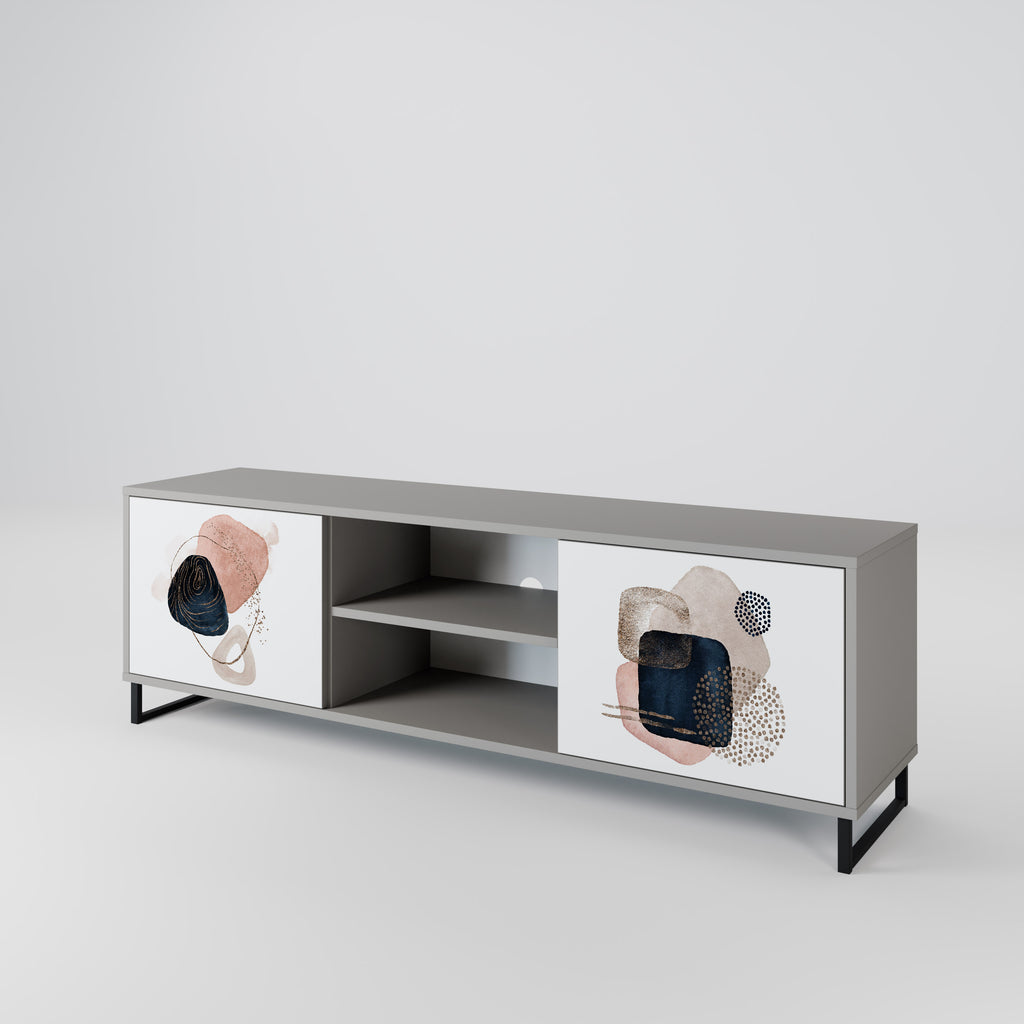 Mueble de TV de 2 puertas con formas coloridas en acabado gris