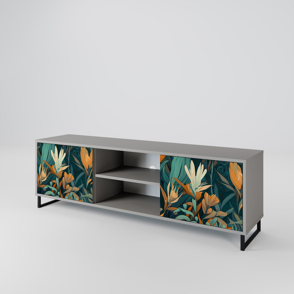 FLORAL SERENITY 2-Door TV Stand in Grey Finish