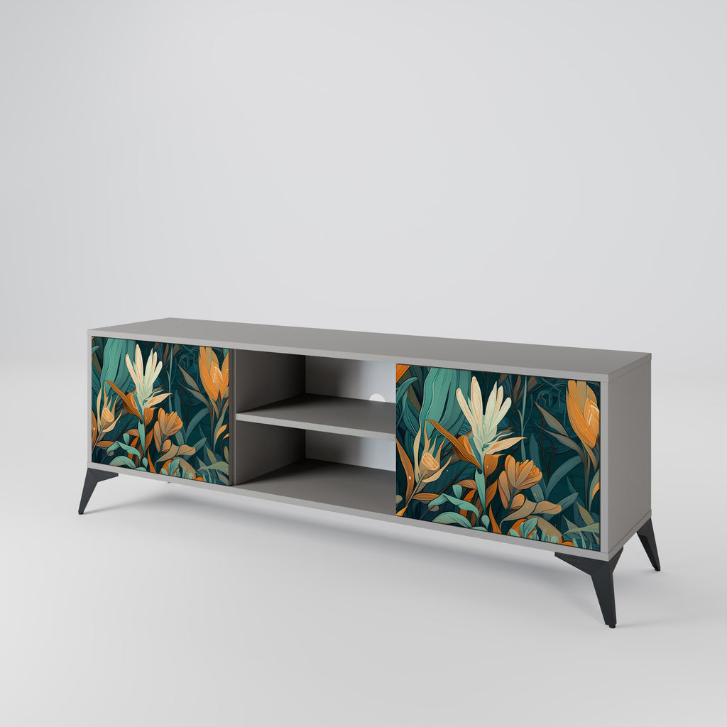 FLORAL SERENITY 2-Door TV Stand in Grey Finish