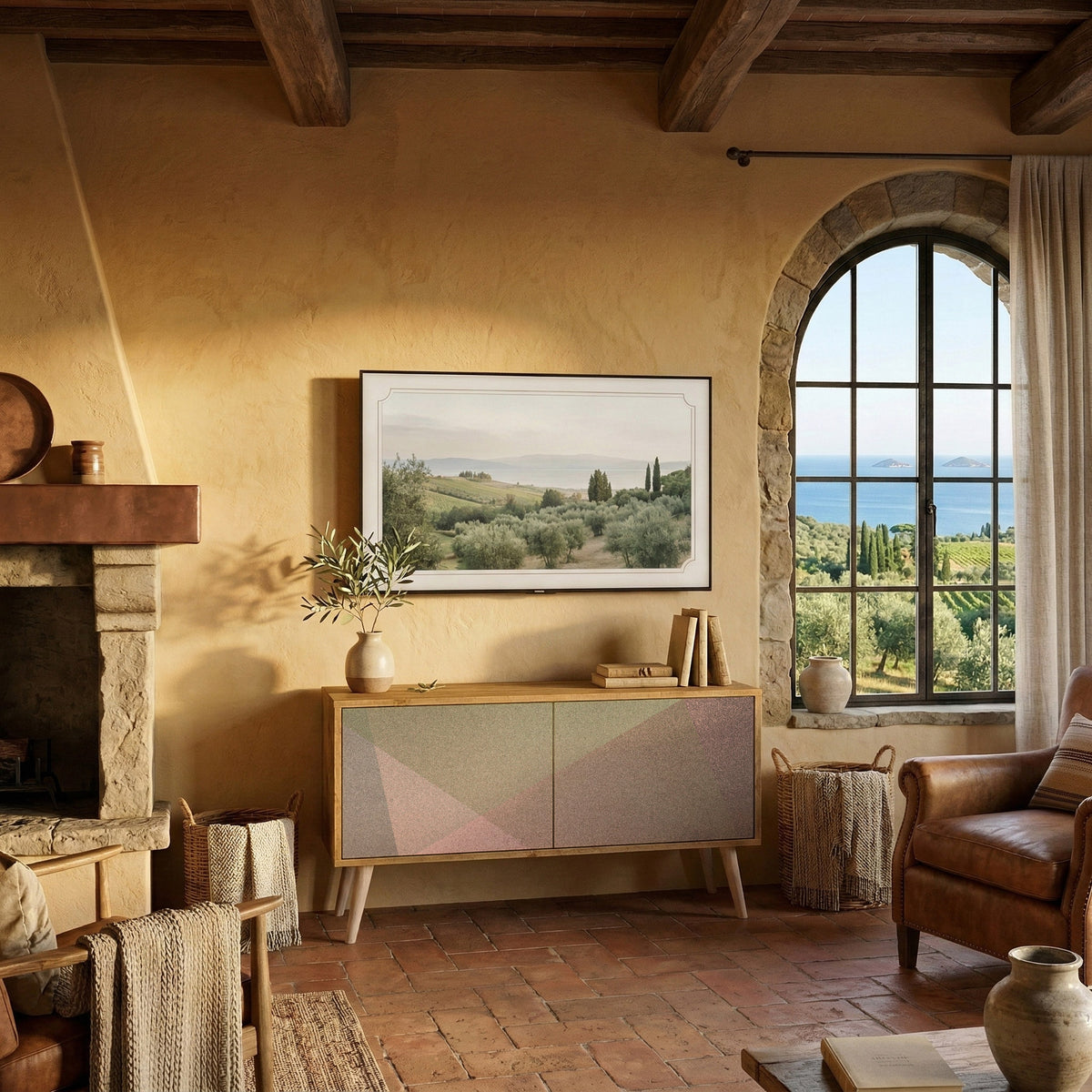BEIGE GEOMETRY Mueble de TV Compacto de 2 puertas