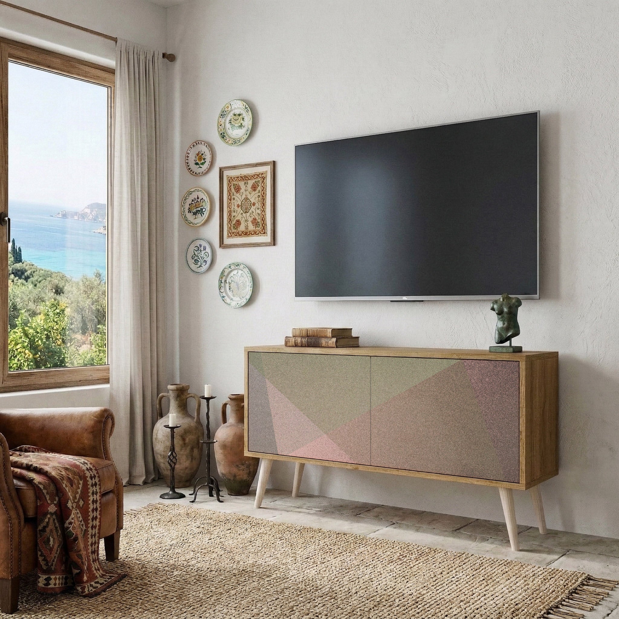 BEIGE GEOMETRY Mueble de TV Compacto de 2 puertas