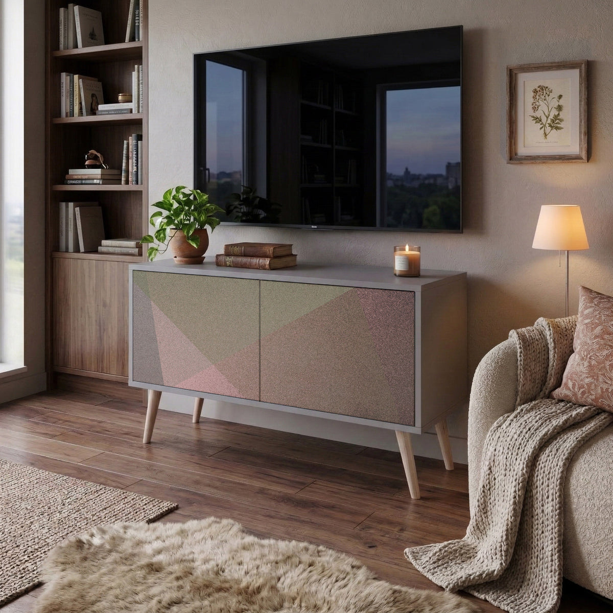 BEIGE GEOMETRY Mueble de TV Compacto de 2 puertas