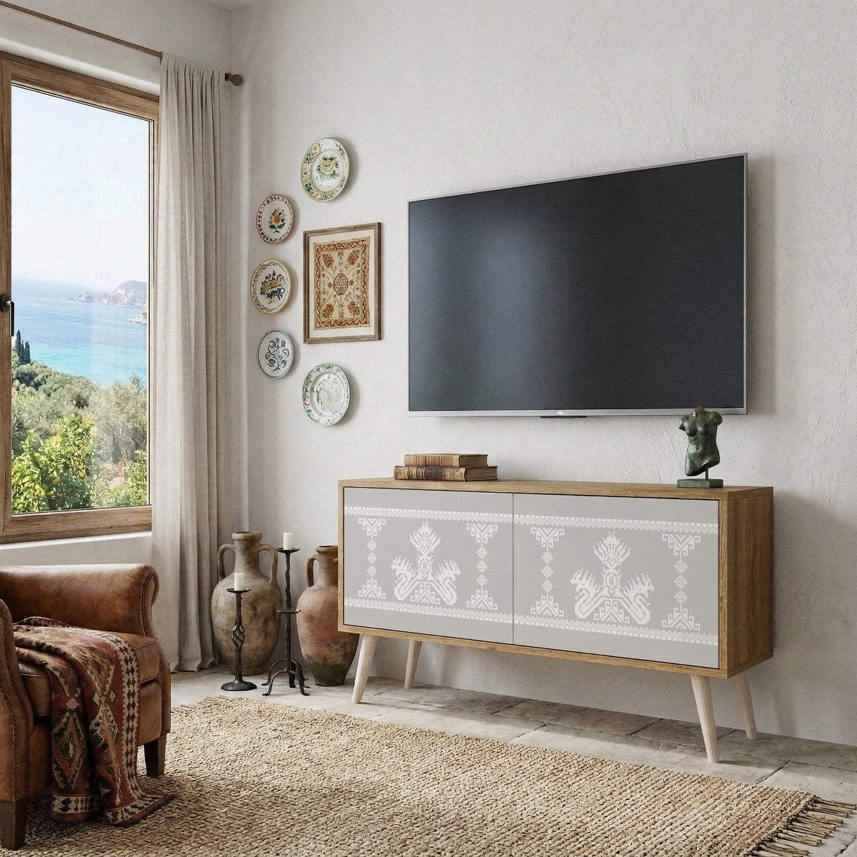 THAI GRAY Mueble de TV Compacto de 2 puertas