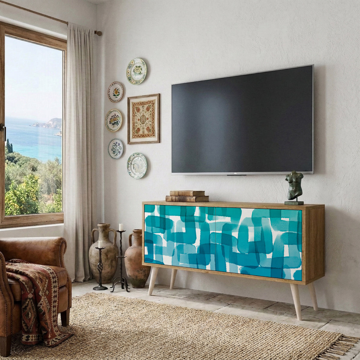 TURQUOISE RECTANGLES Mueble de TV Compacto de 2 puertas