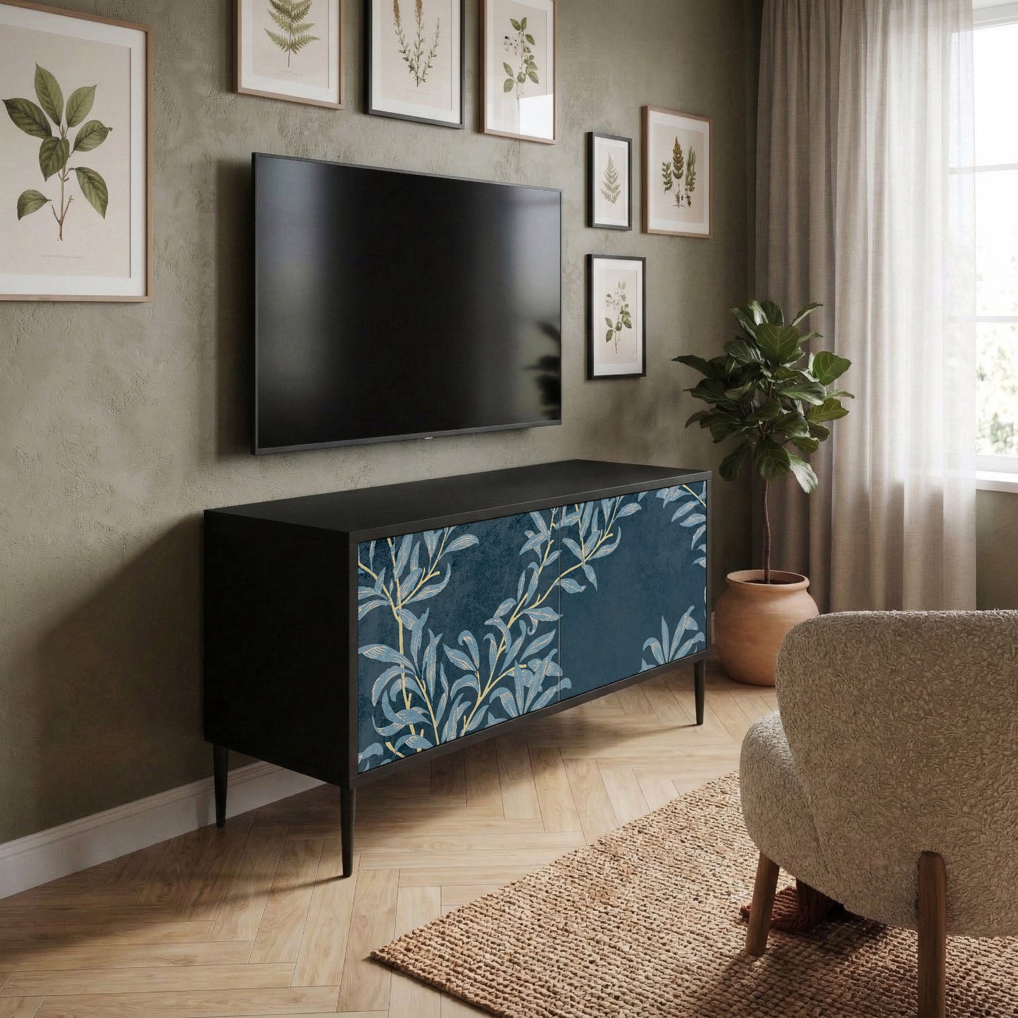 BLUE LEAVES Mueble de TV Compacto de 2 puertas