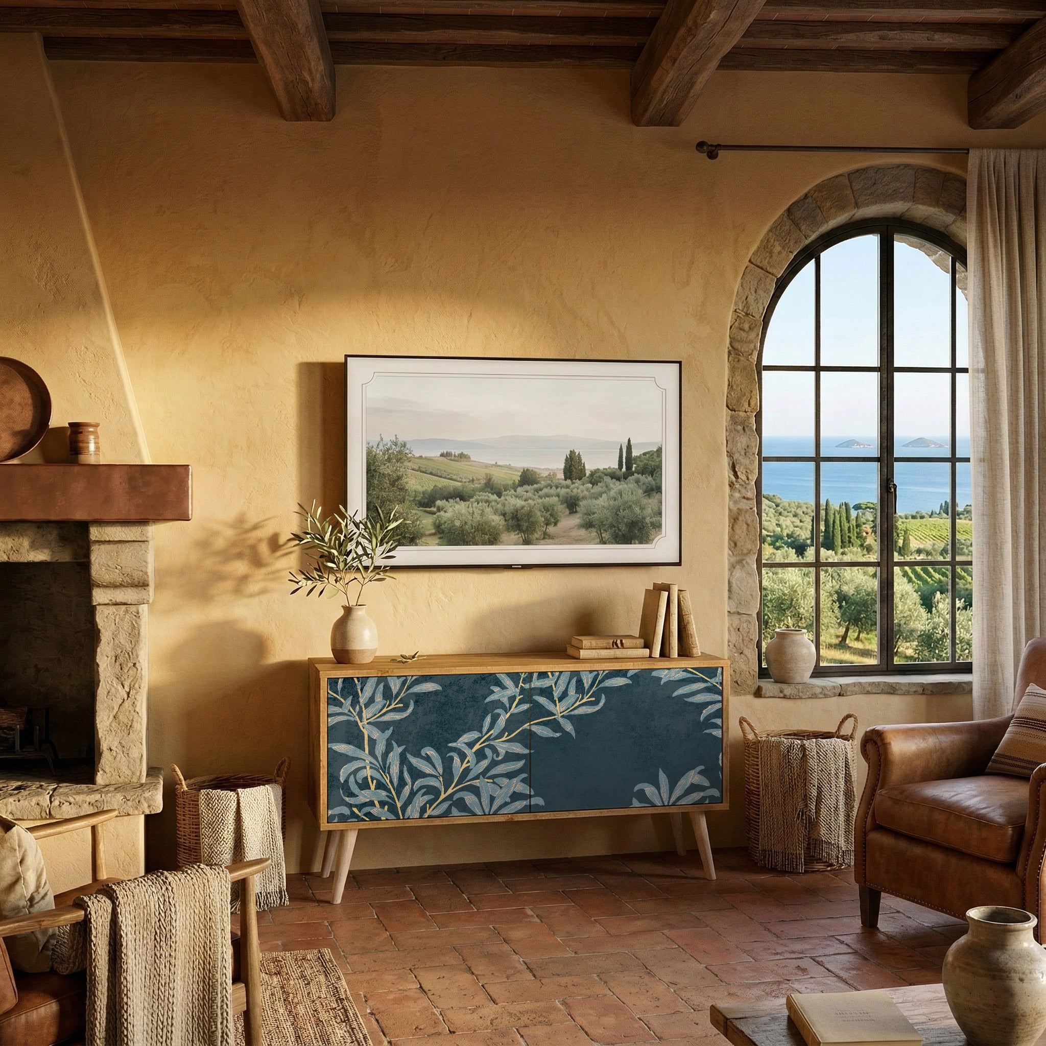 BLUE LEAVES Mueble de TV Compacto de 2 puertas