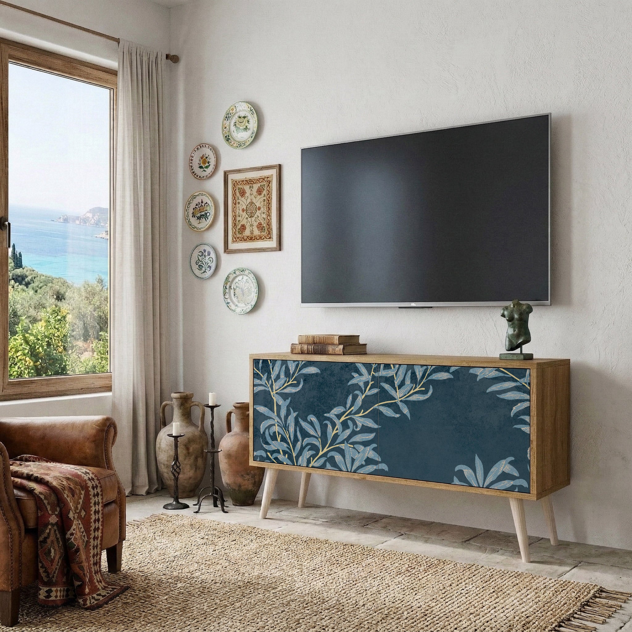 BLUE LEAVES Mueble de TV Compacto de 2 puertas