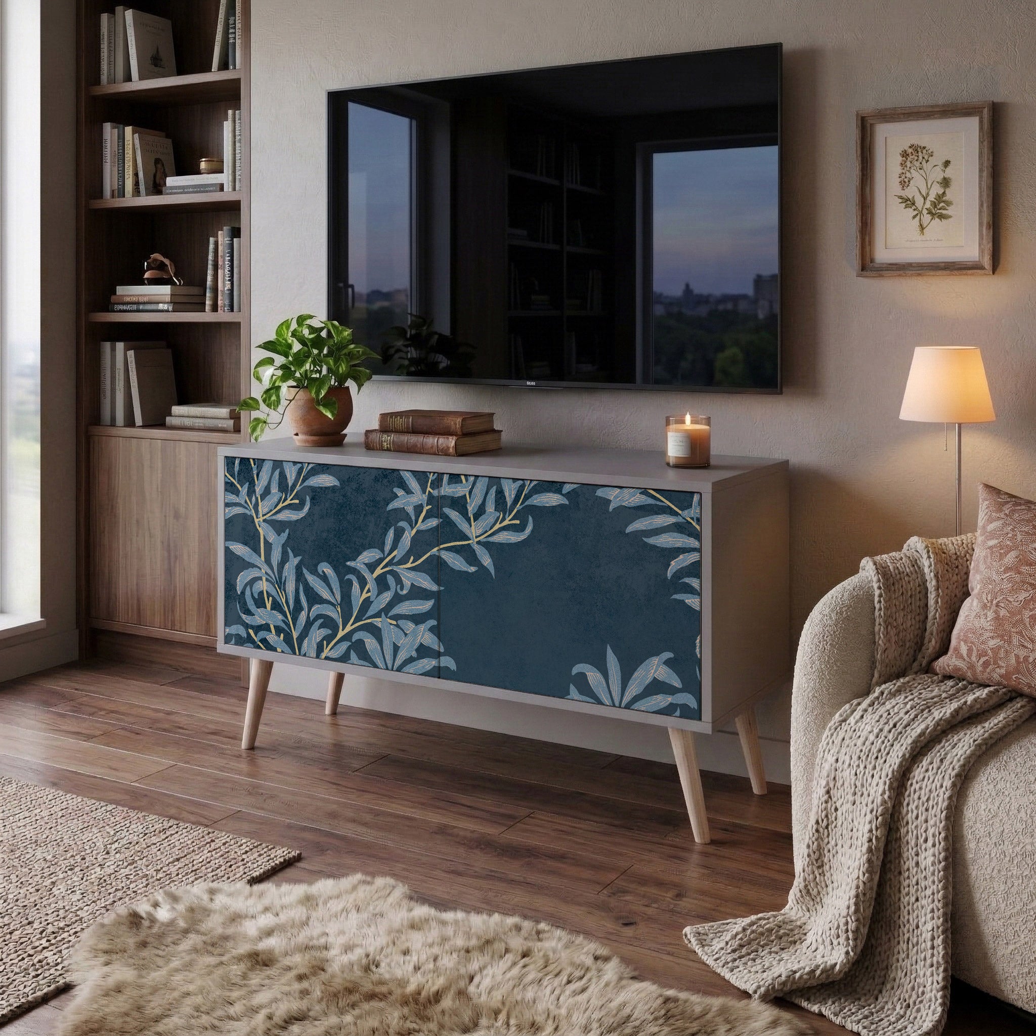 BLUE LEAVES Mueble de TV Compacto de 2 puertas
