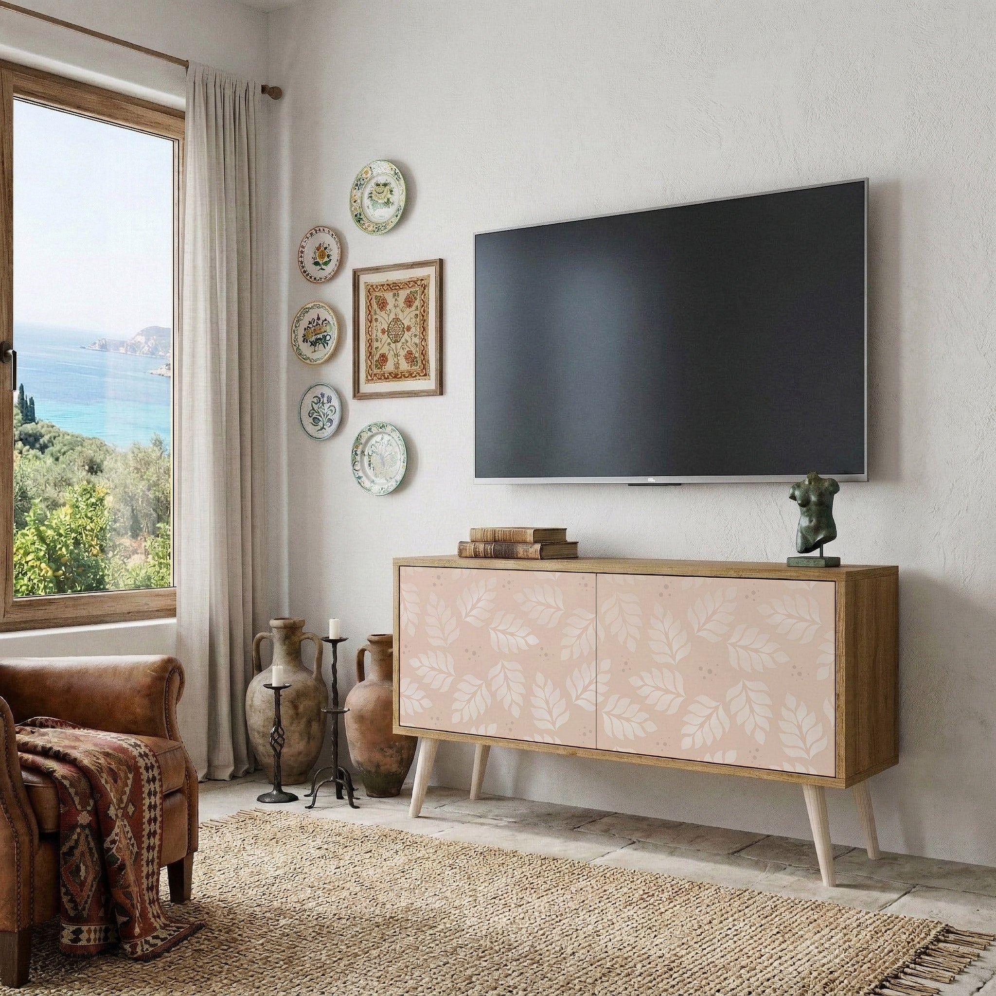 LEAVES ON BEIGE Mueble de TV Compacto de 2 puertas