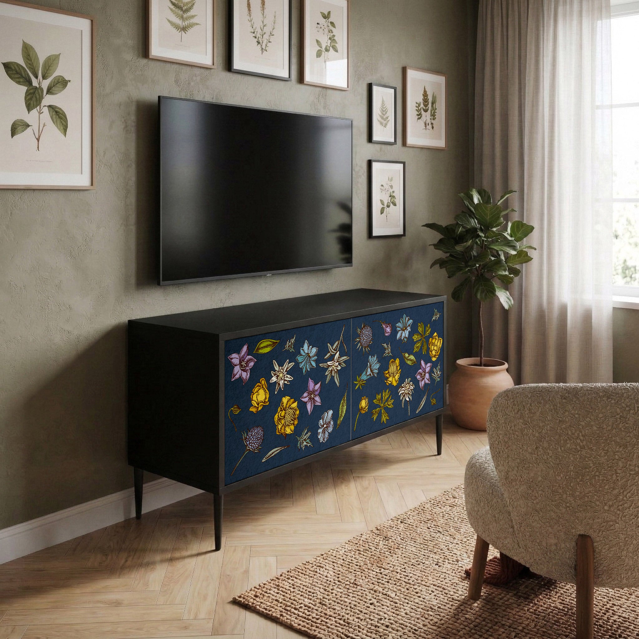 FLOWERS ON NAVY BLUE Mueble de TV Compacto de 2 puertas