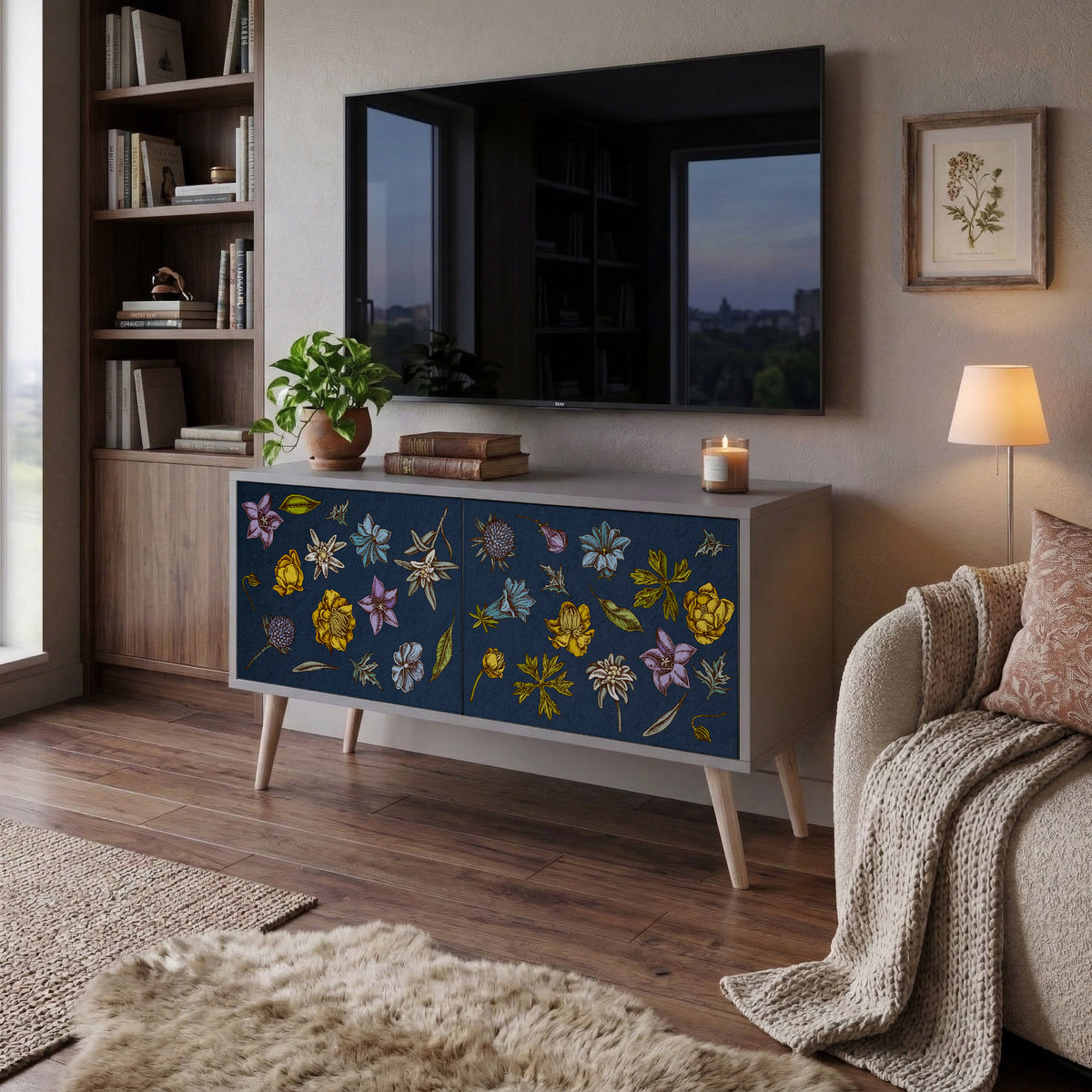 FLOWERS ON NAVY BLUE Mueble de TV Compacto de 2 puertas