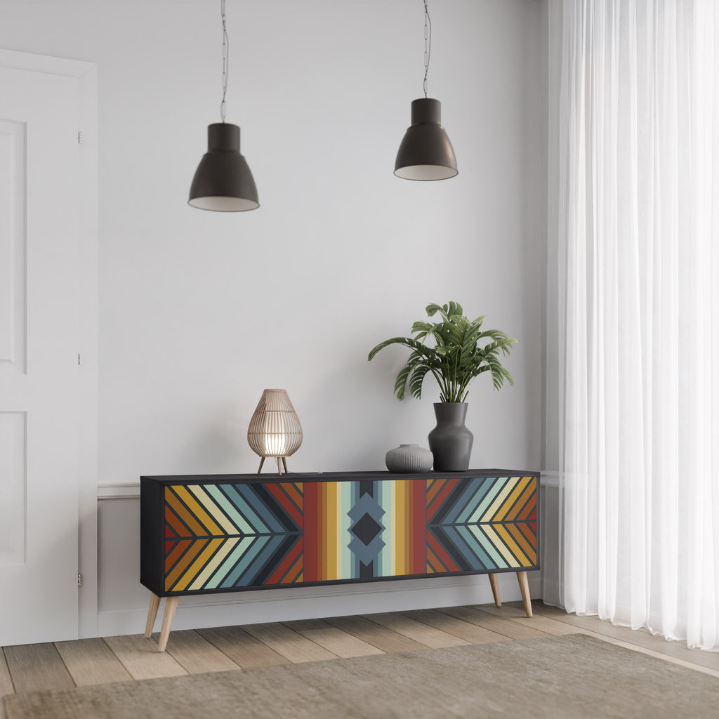 Mueble de TV INDIGENOUS ZIGZAG de 3 puertas con acabado negro