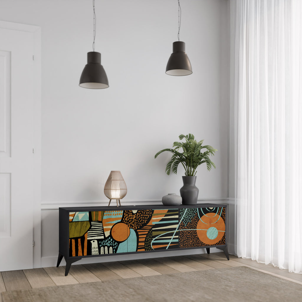 Mueble de TV de 3 puertas GEODE GLIMMER en acabado negro
