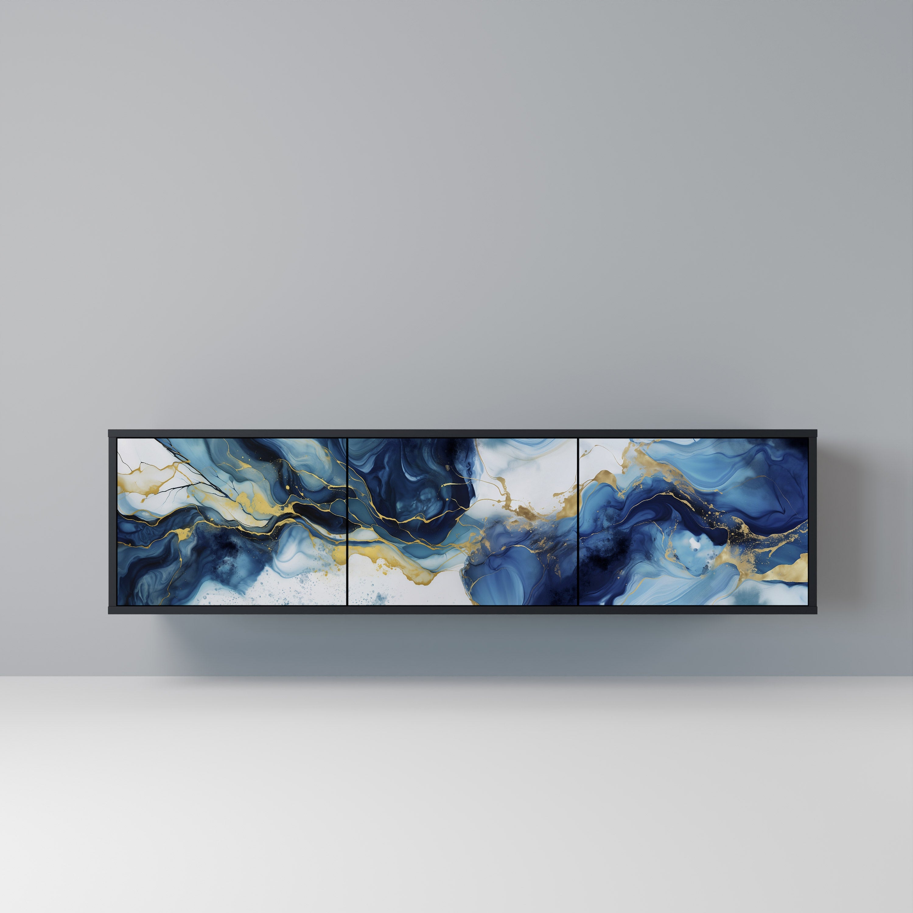 Mueble de TV de 3 puertas INKY MARBLE con acabado negro
