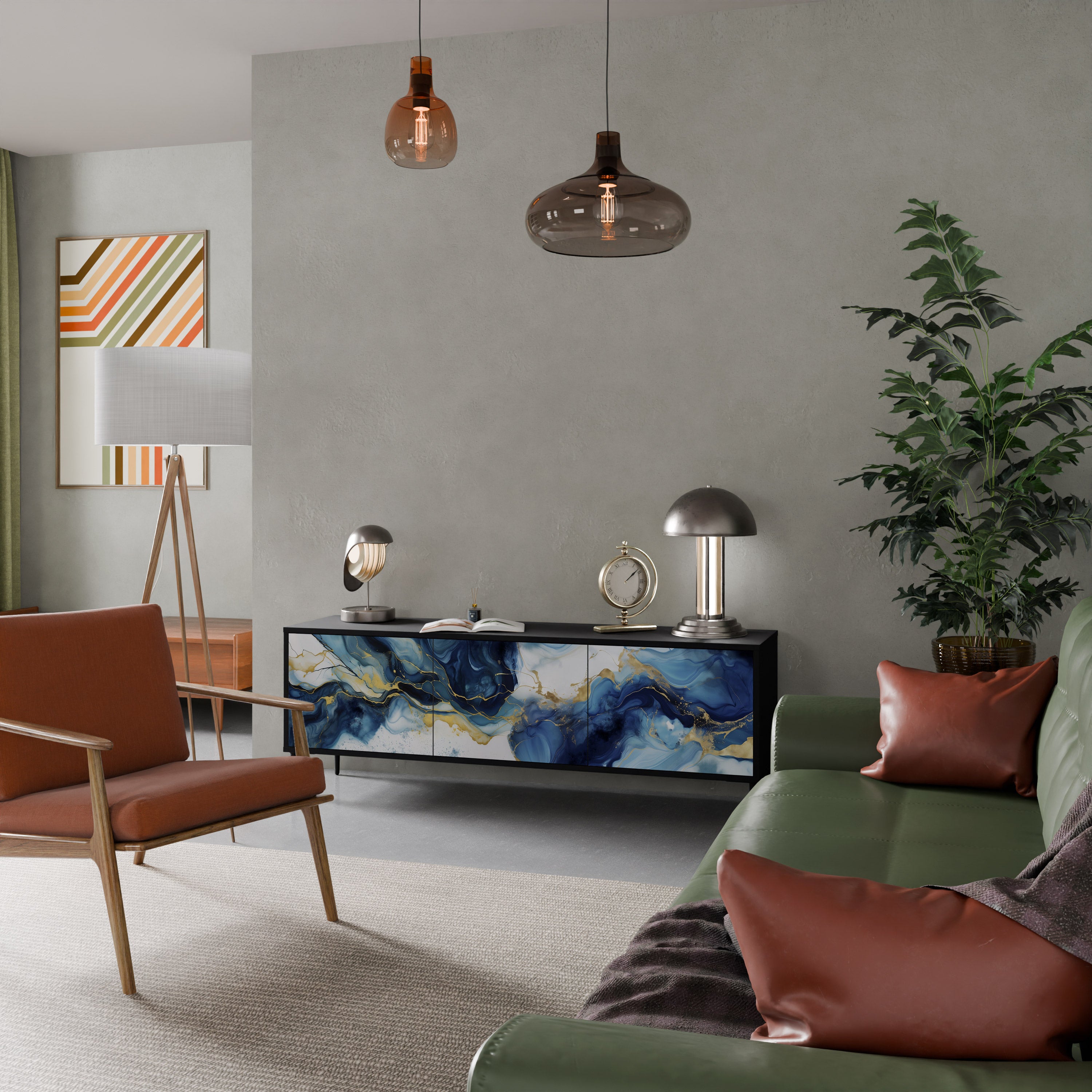 Mueble de TV de 3 puertas INKY MARBLE con acabado negro