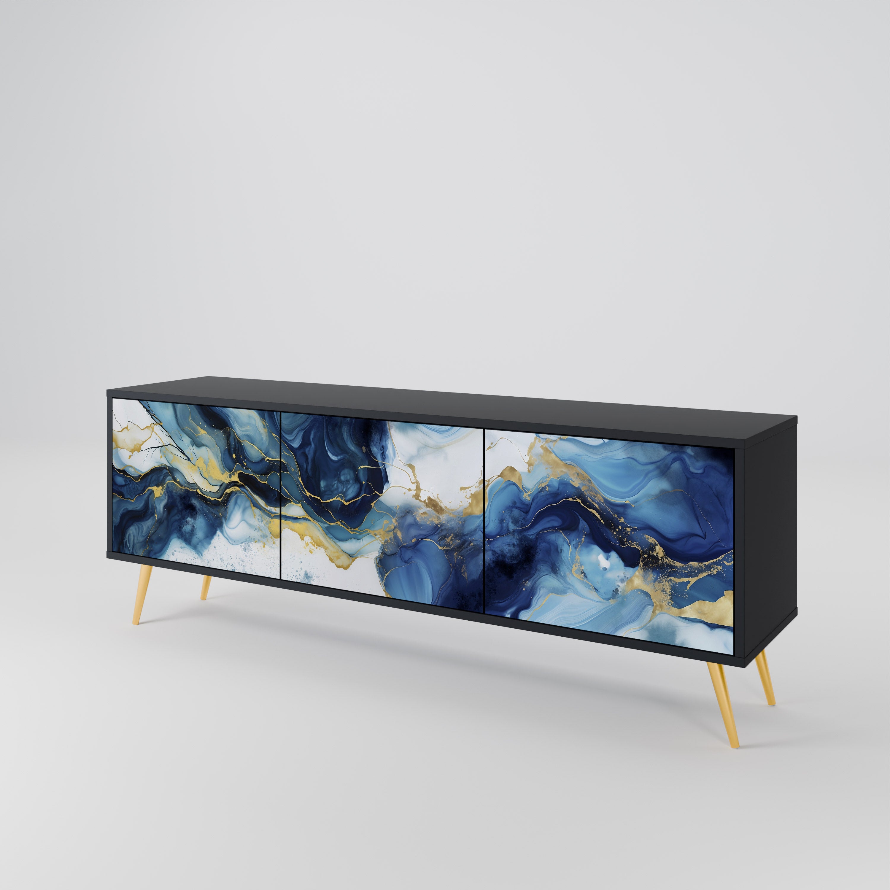 Mueble de TV de 3 puertas INKY MARBLE con acabado negro