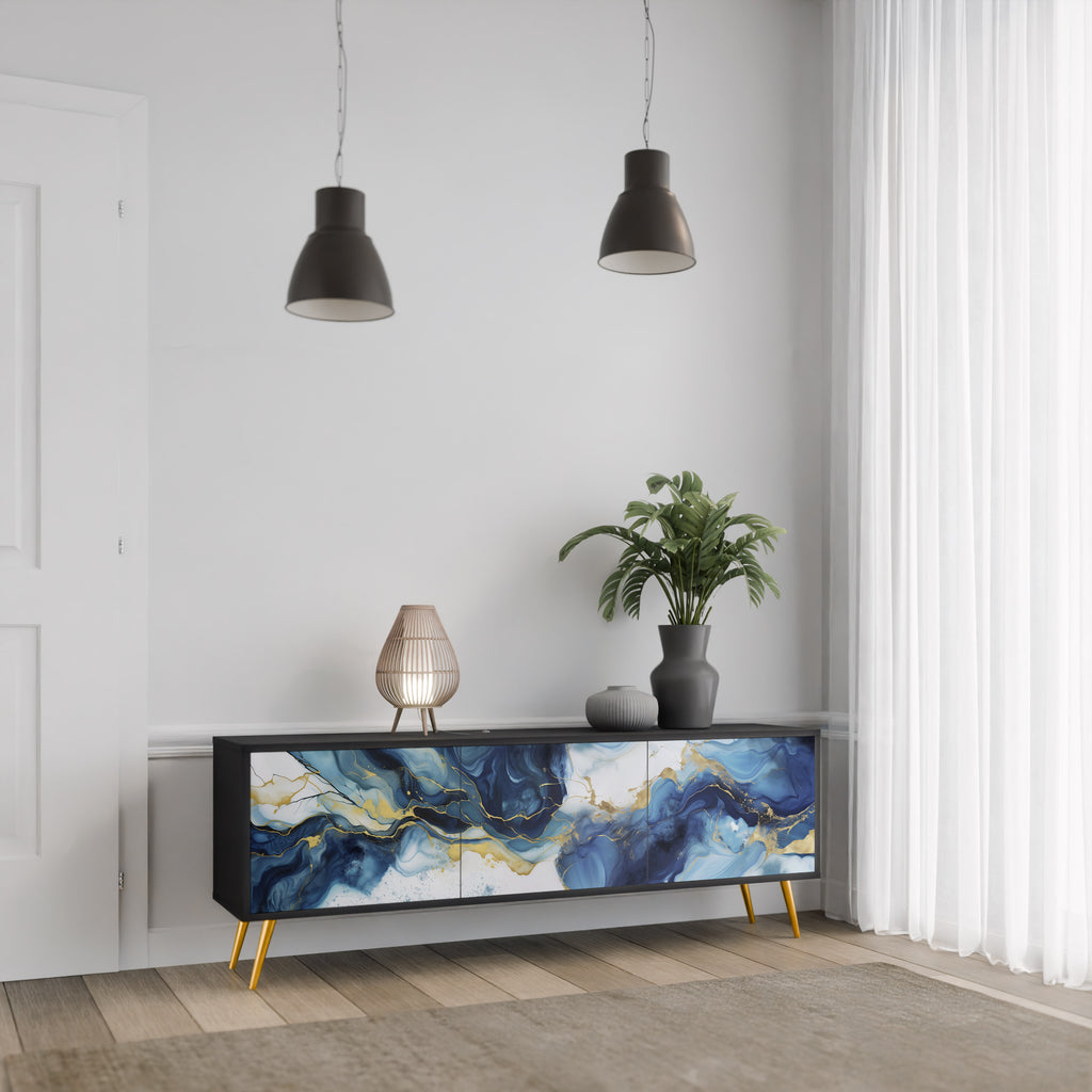 Mueble de TV de 3 puertas INKY MARBLE con acabado negro