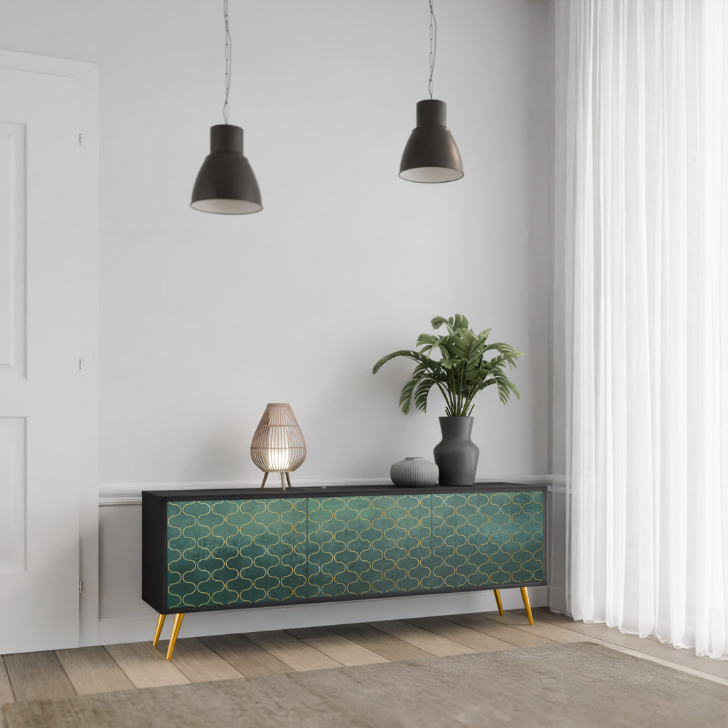 Mueble de TV de 3 puertas TESSELATED GREENERY en acabado negro