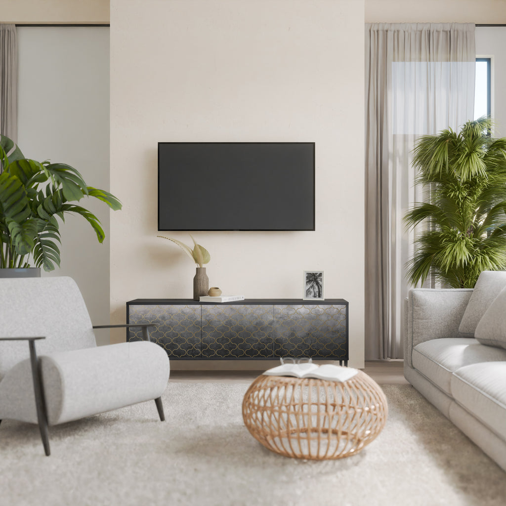 Mueble para TV de 3 puertas en color grisáceo teselado con acabado negro