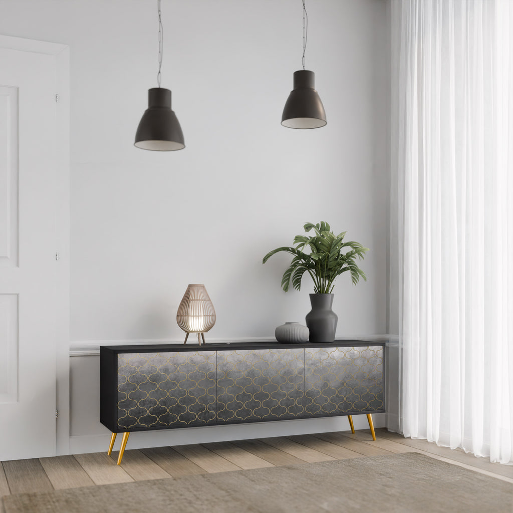 Mueble para TV de 3 puertas en color grisáceo teselado con acabado negro