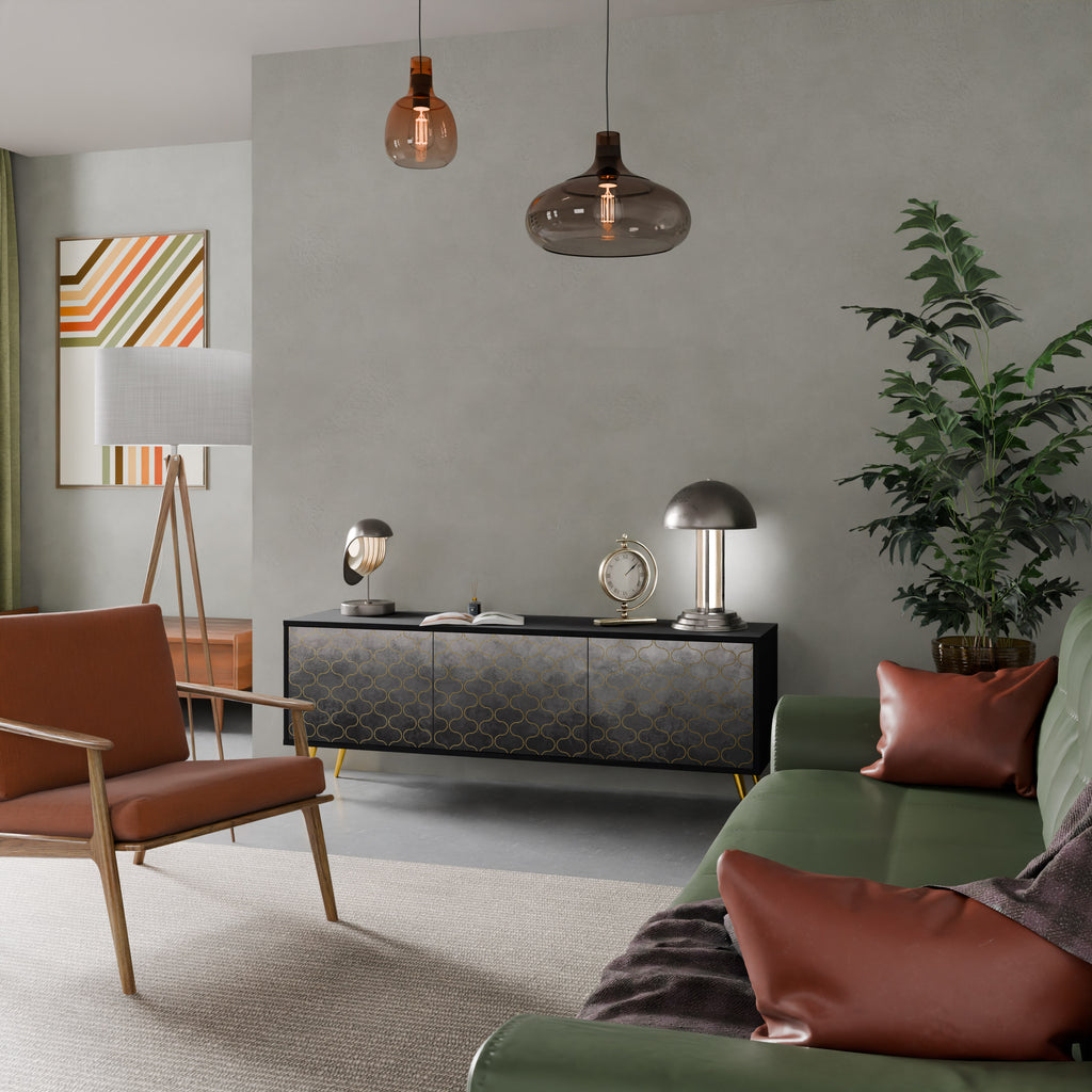 Mueble para TV de 3 puertas en color grisáceo teselado con acabado negro
