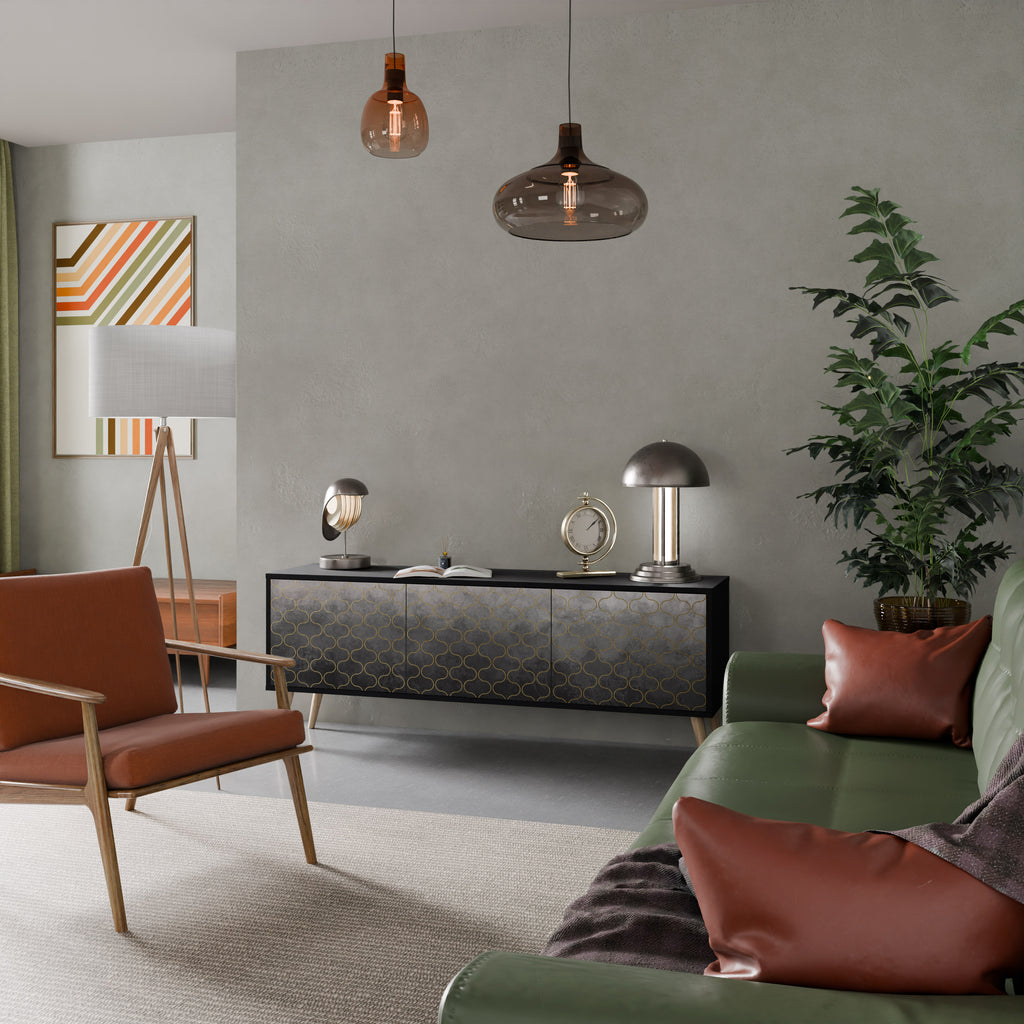 Mueble para TV de 3 puertas en color grisáceo teselado con acabado negro