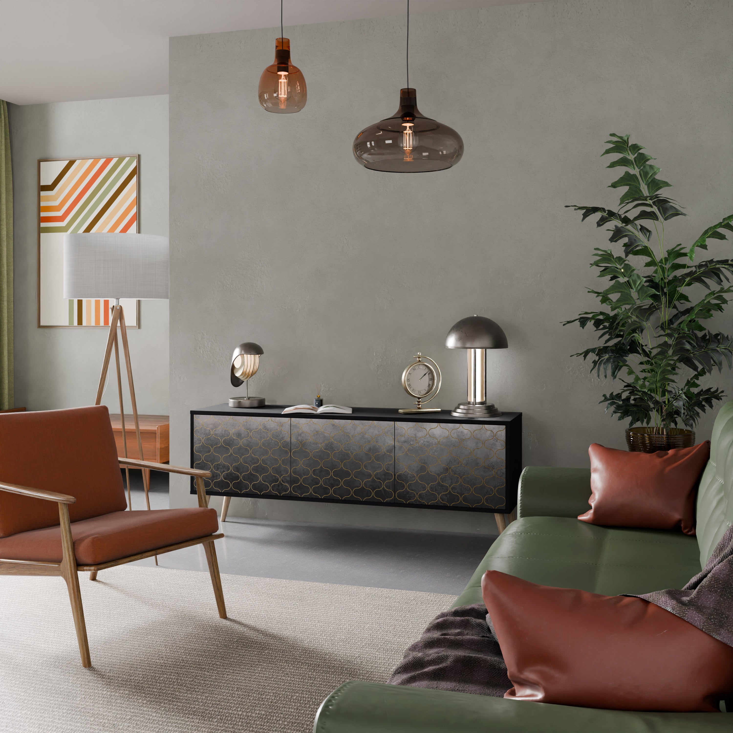 Mueble para TV de 3 puertas en color grisáceo teselado con acabado negro