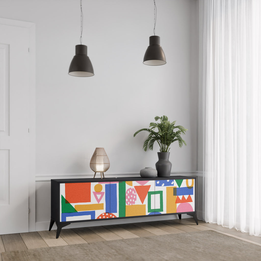 Mueble de TV de 3 puertas GEOMETRIC GLIMMER con acabado negro