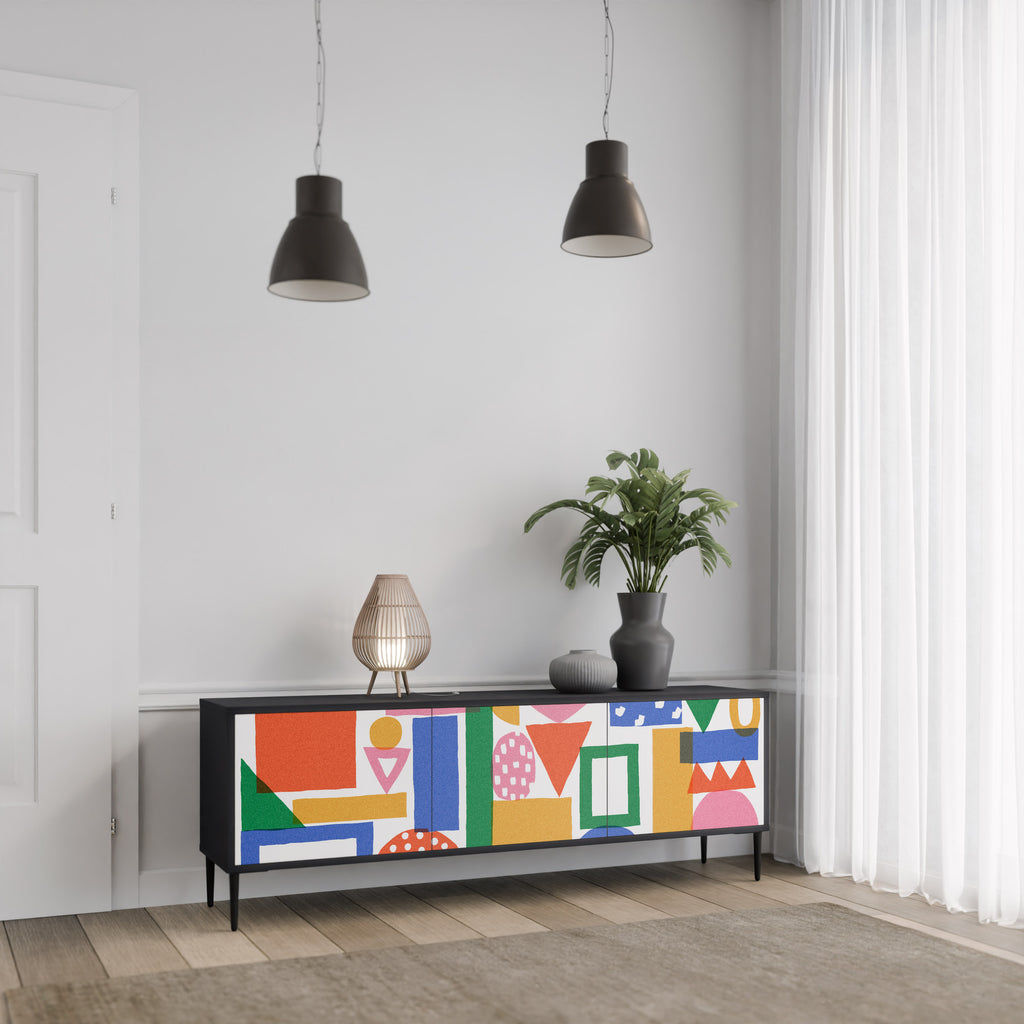 Mueble de TV de 3 puertas GEOMETRIC GLIMMER con acabado negro