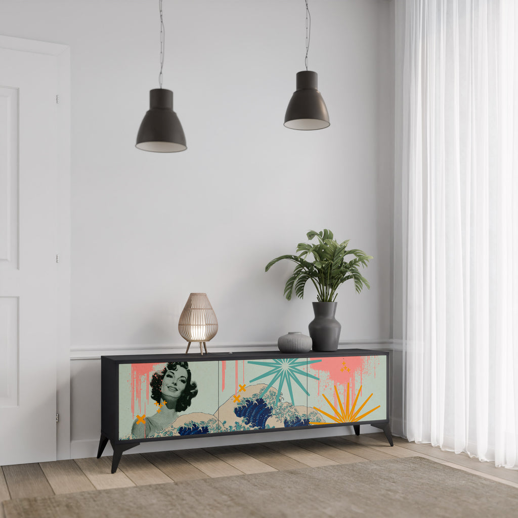 Mueble de TV de 3 puertas KANAGAWA BEAUTY con acabado negro
