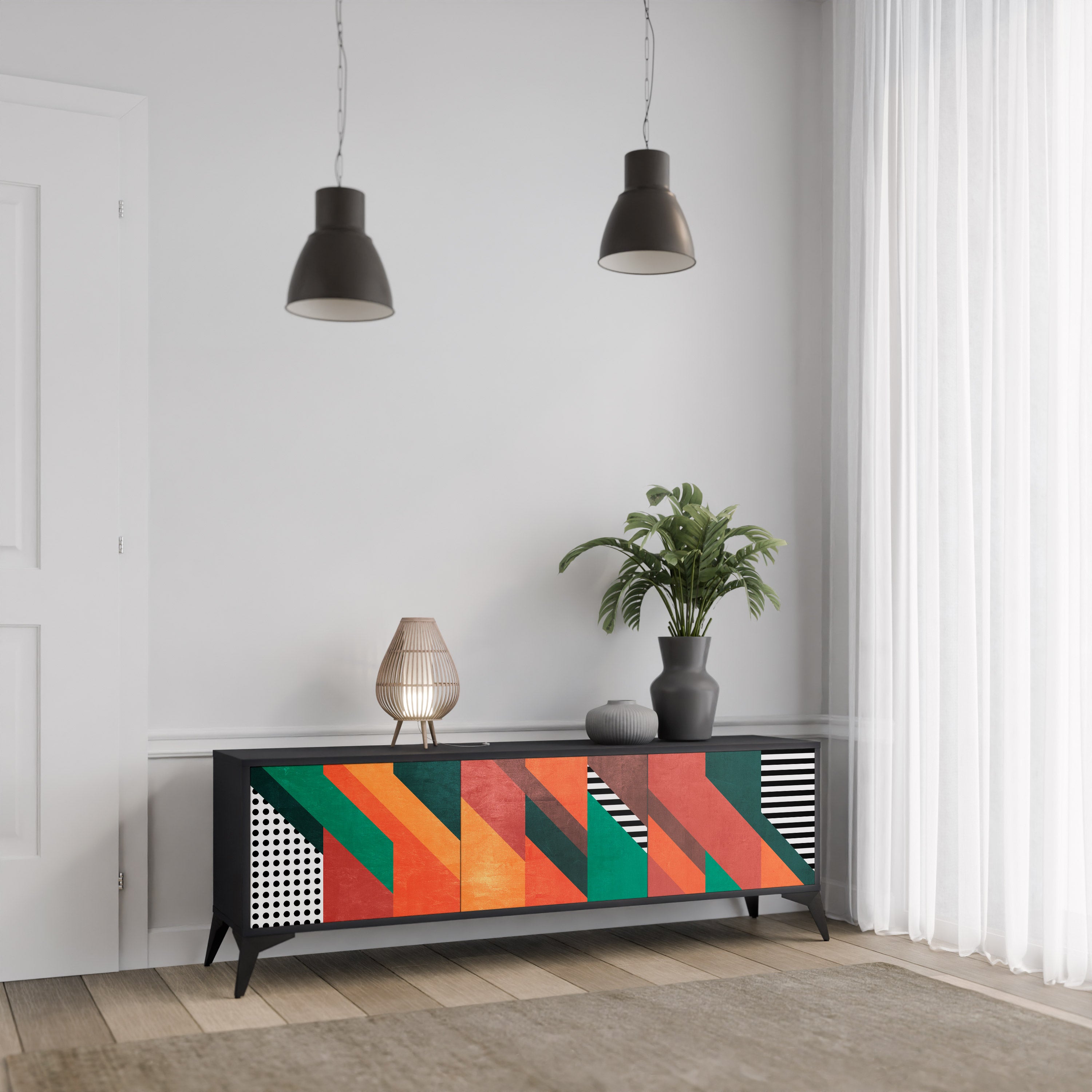 MAKESHIFT ARTISTRY 3-Door TV Stand in Black Finish