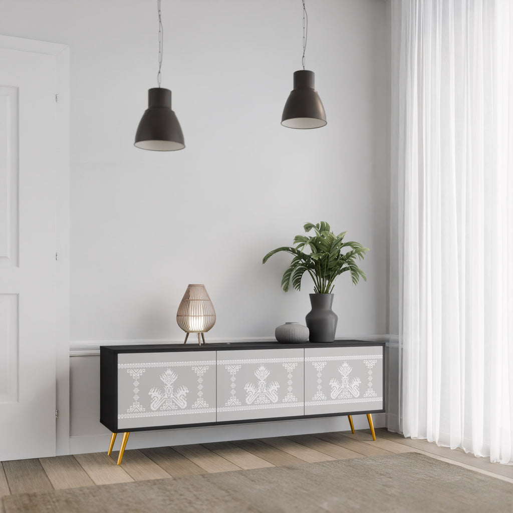 Mueble de TV de 3 puertas THAI GRAY con acabado negro