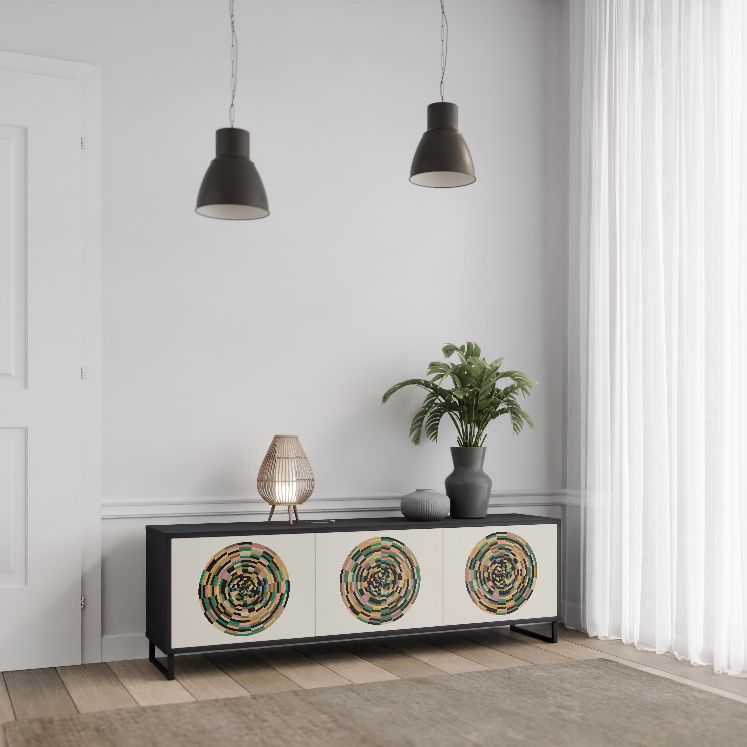 Mueble de TV de 3 puertas GREEN CIRCLES con acabado negro