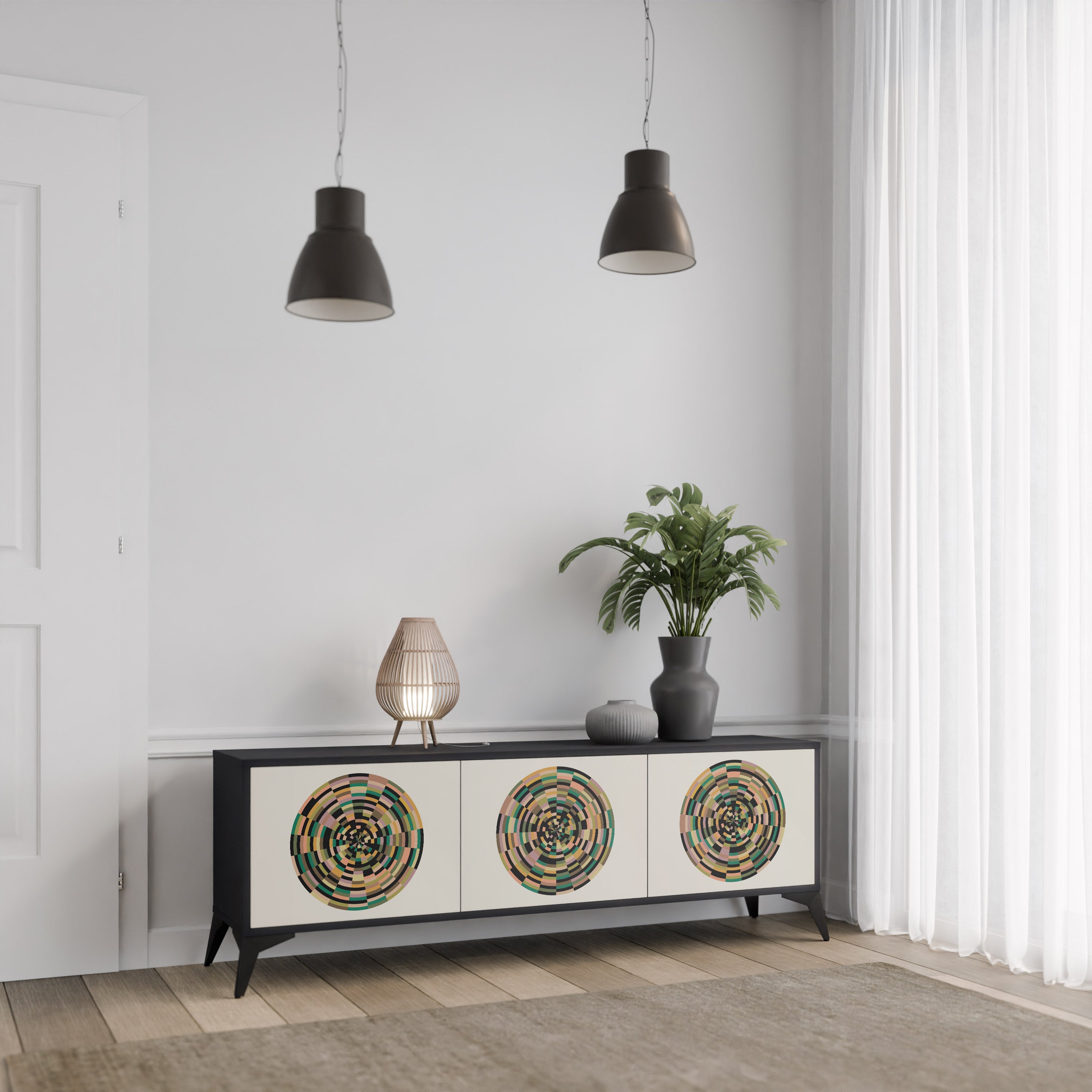 Mueble de TV de 3 puertas GREEN CIRCLES con acabado negro