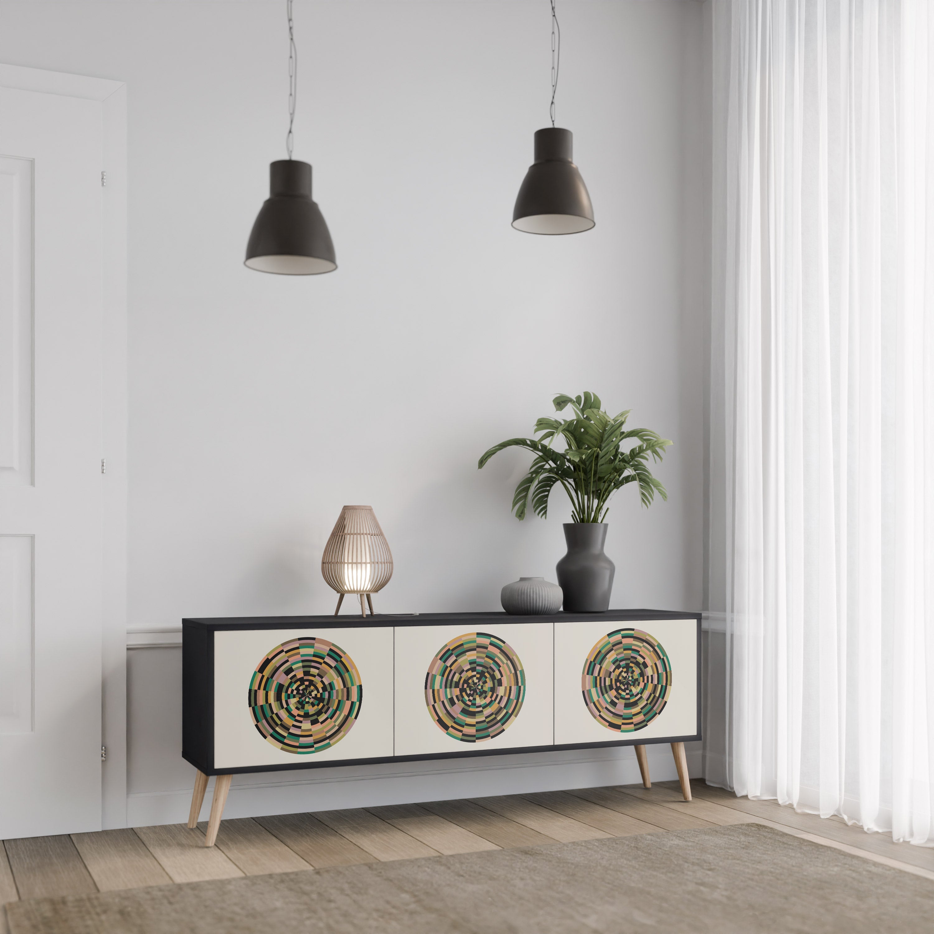 Mueble de TV de 3 puertas GREEN CIRCLES con acabado negro