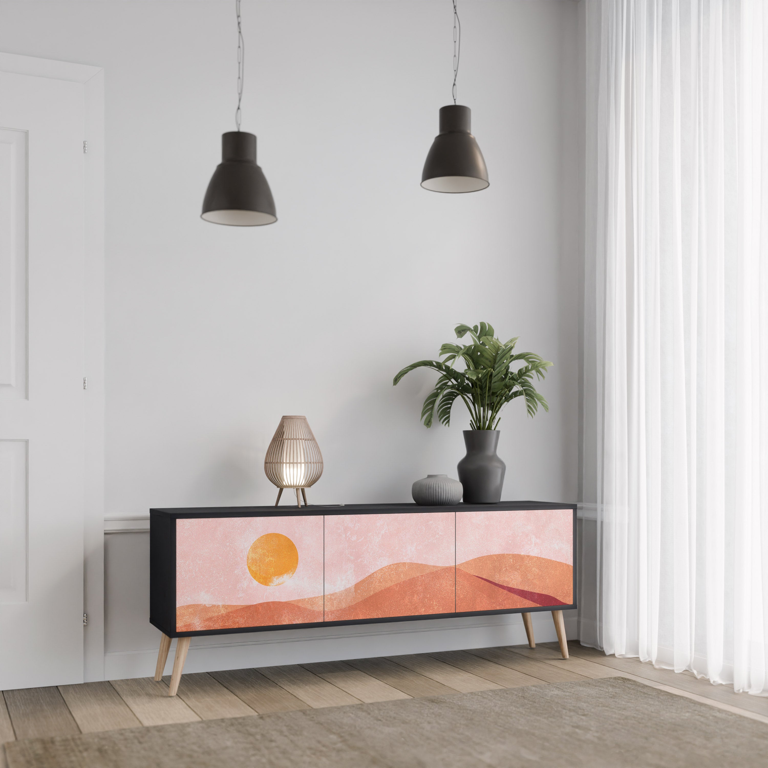Mueble de TV de 3 puertas LUMINOUS SUNLIGHT con acabado negro
