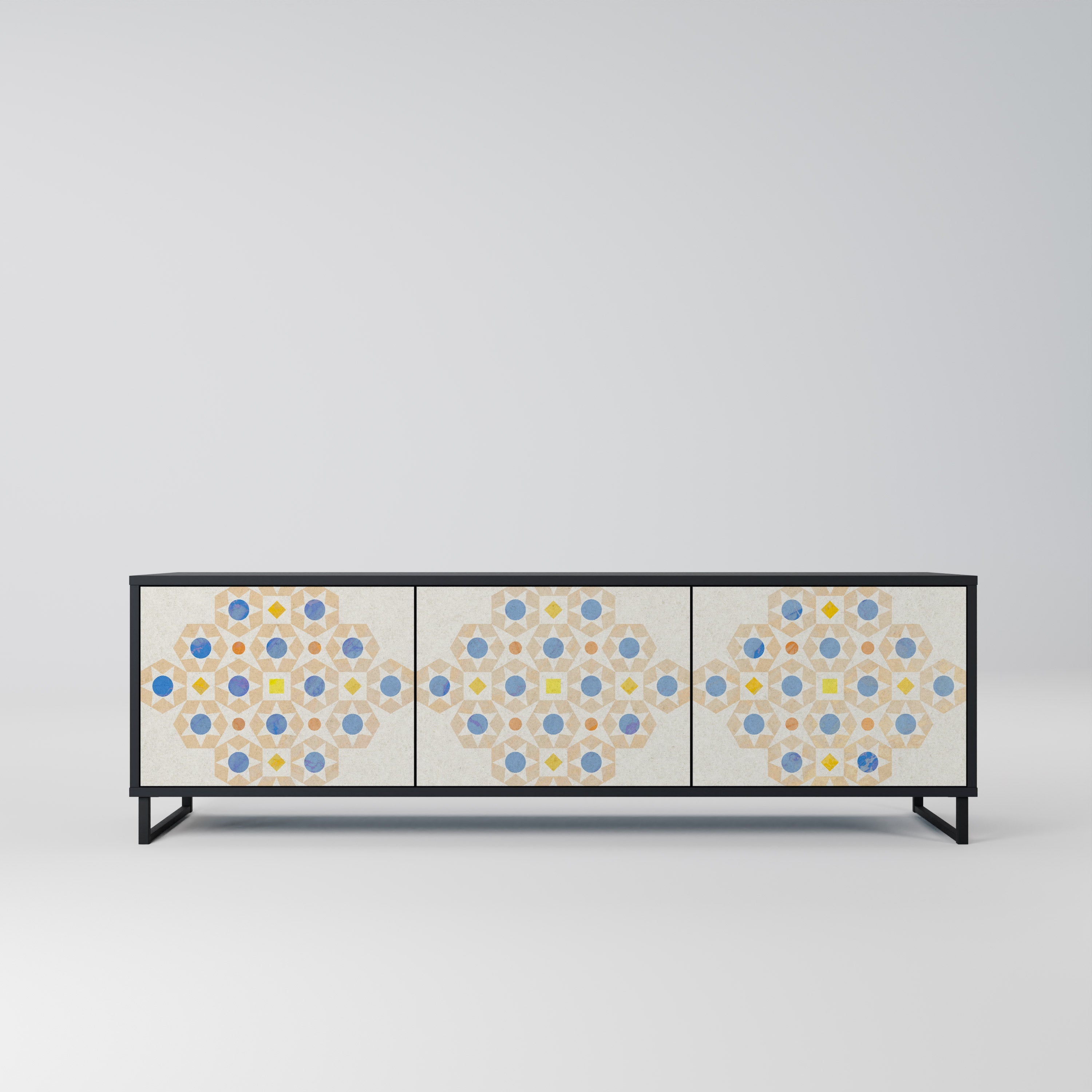 Mueble de TV de 3 puertas con diseño de prisma estampado en acabado negro