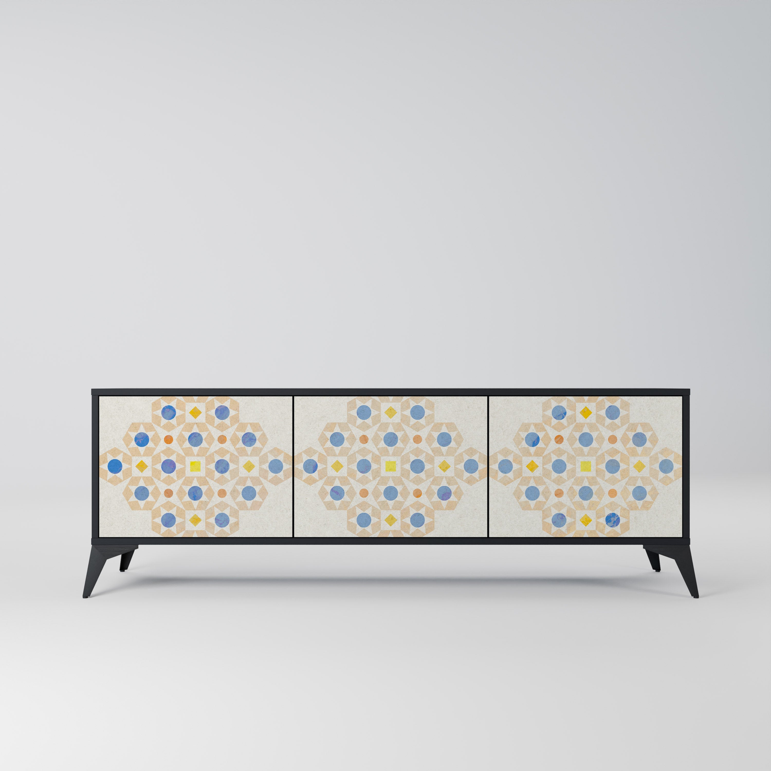 Mueble de TV de 3 puertas con diseño de prisma estampado en acabado negro