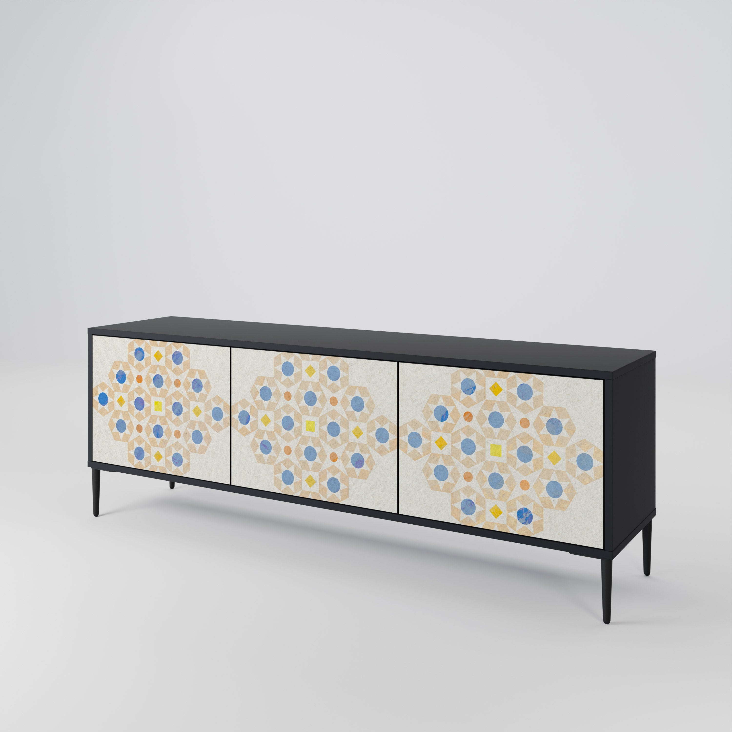 Mueble de TV de 3 puertas con diseño de prisma estampado en acabado negro
