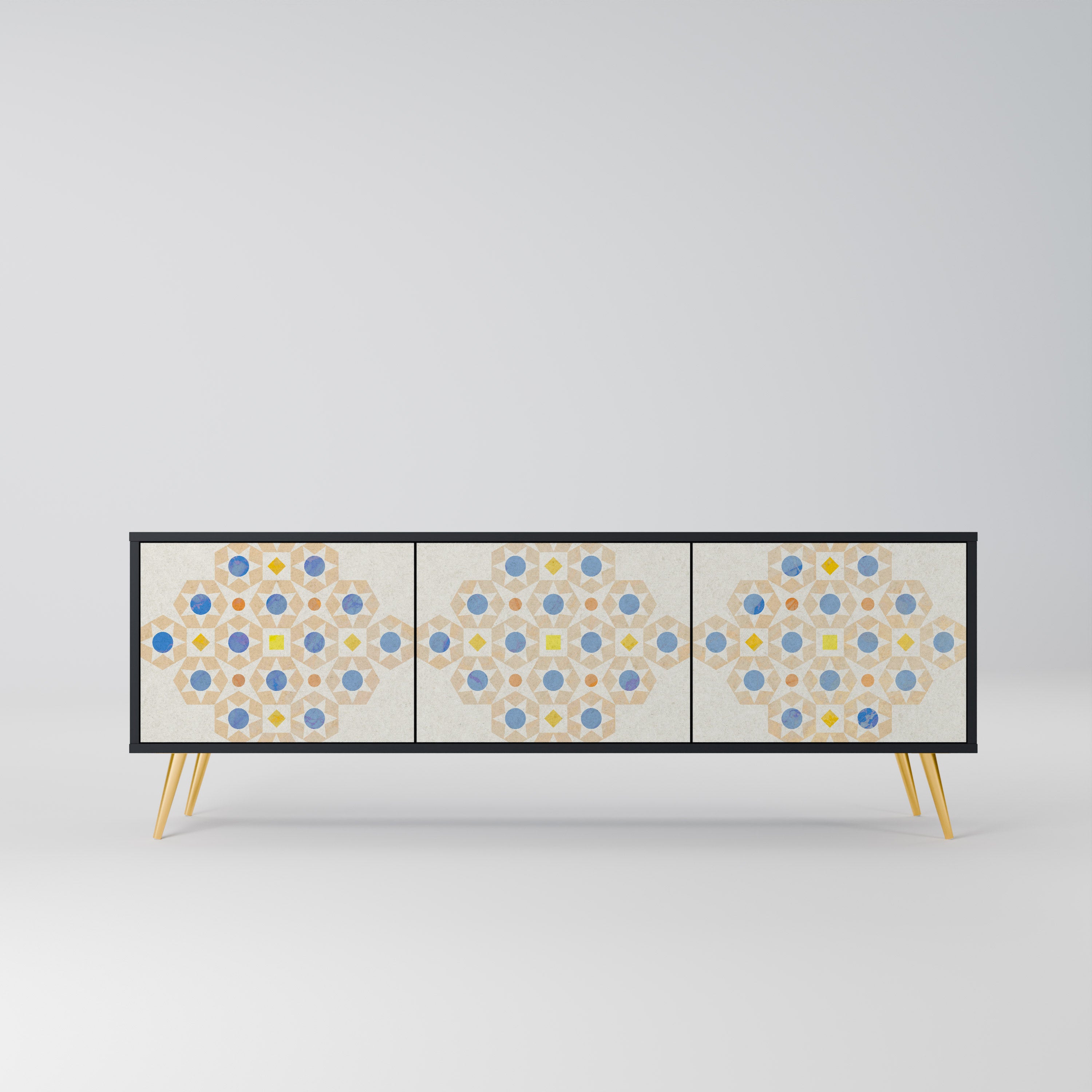 Mueble de TV de 3 puertas con diseño de prisma estampado en acabado negro