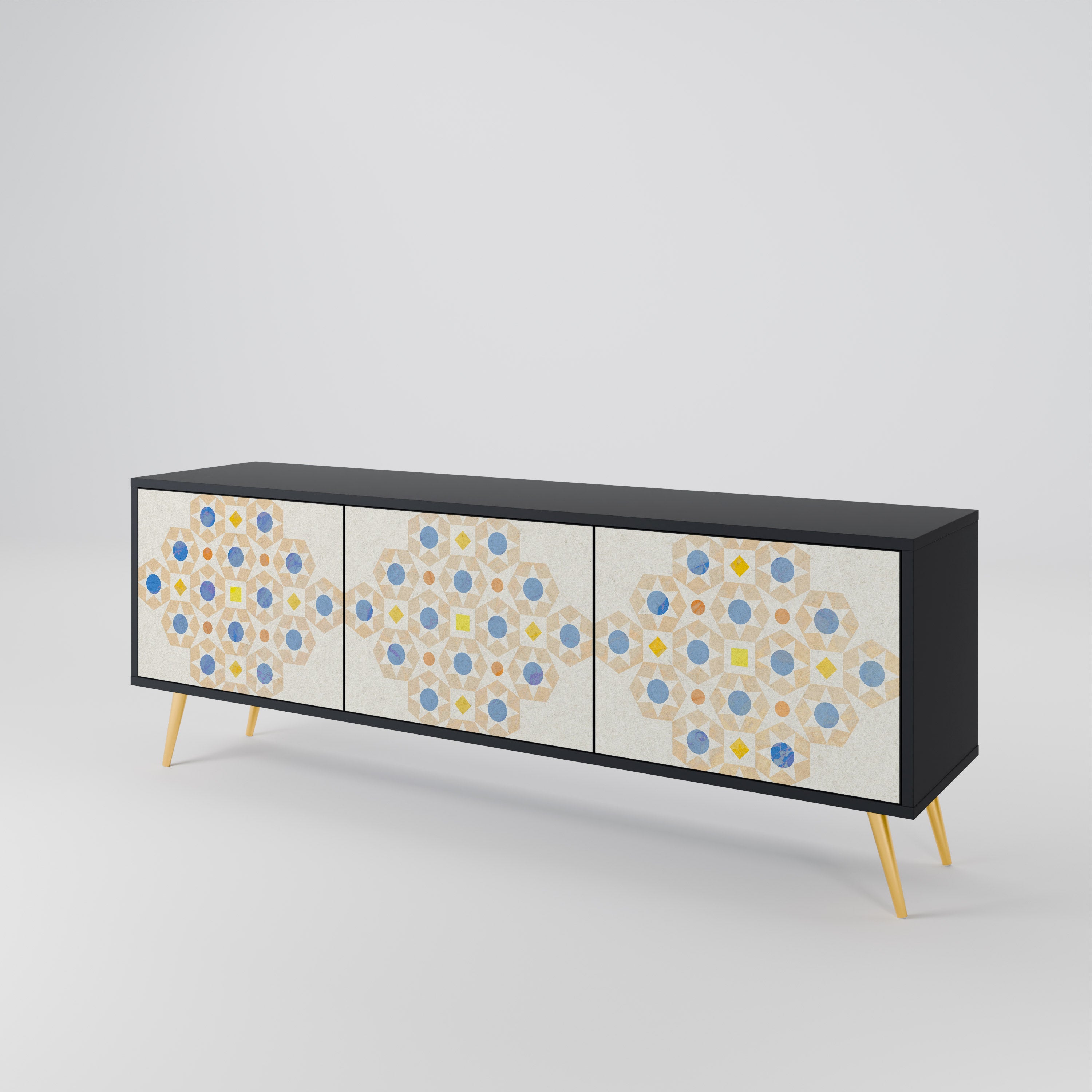Mueble de TV de 3 puertas con diseño de prisma estampado en acabado negro
