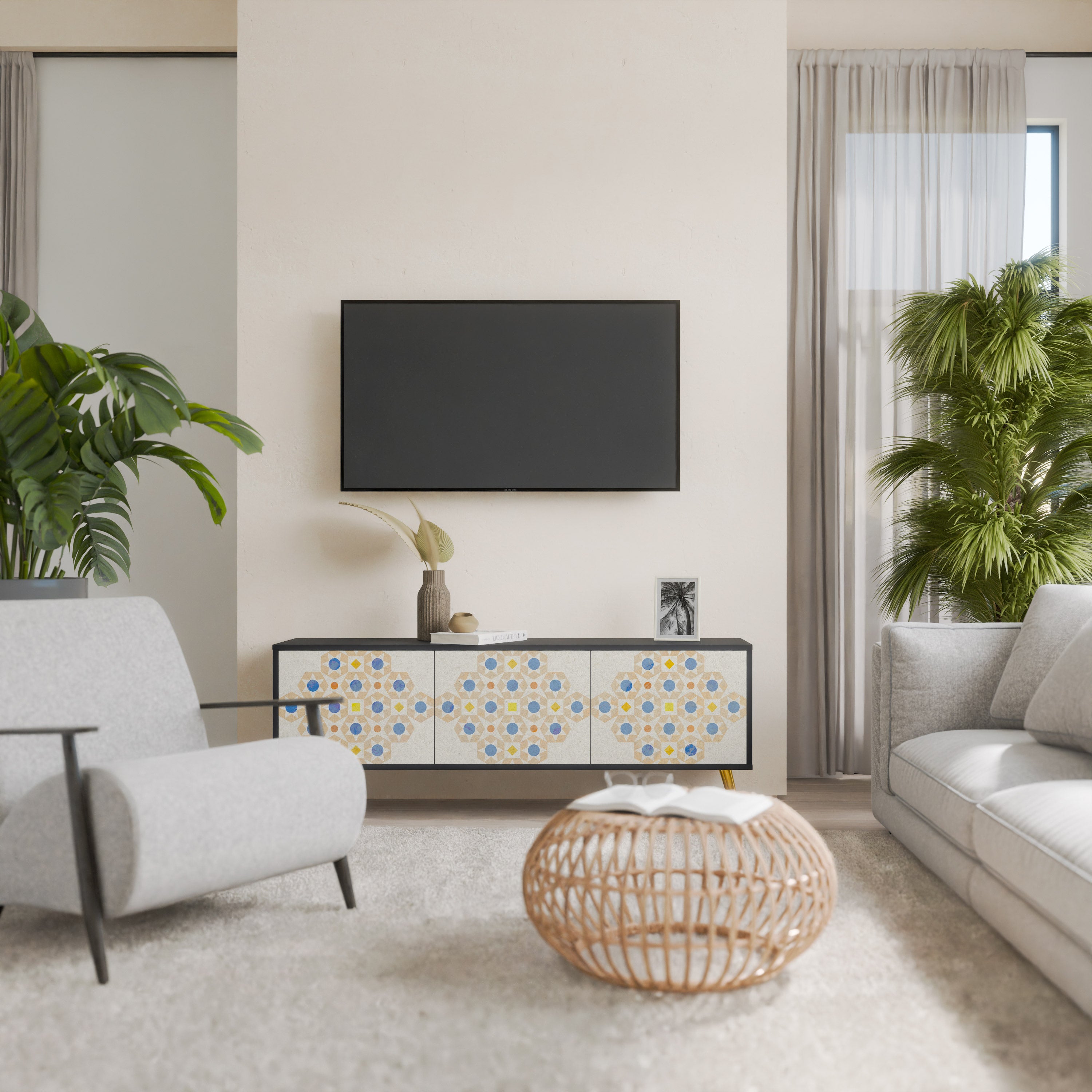Mueble de TV de 3 puertas con diseño de prisma estampado en acabado negro