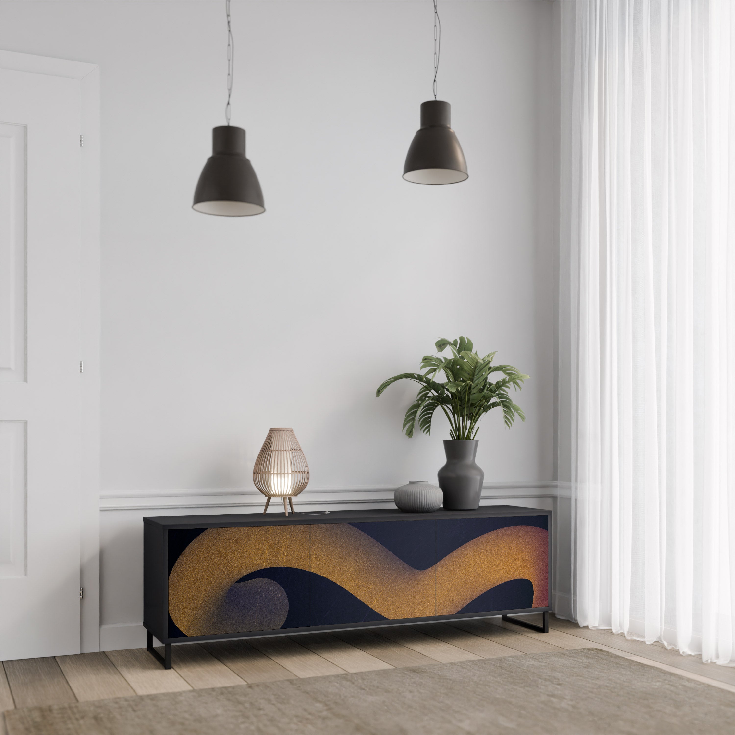 Mueble de TV HOLLOW TIME de 3 puertas con acabado negro