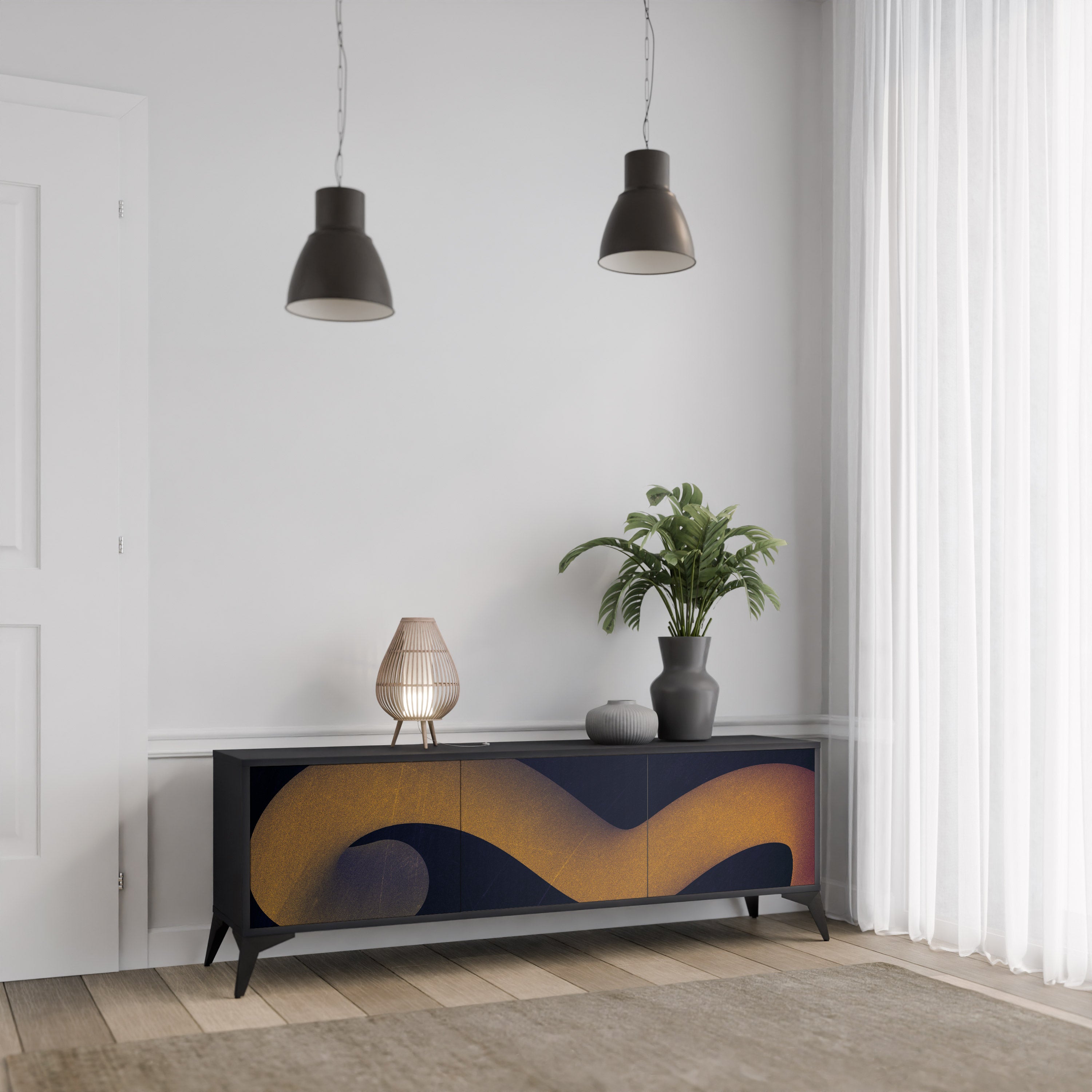 Mueble de TV HOLLOW TIME de 3 puertas con acabado negro