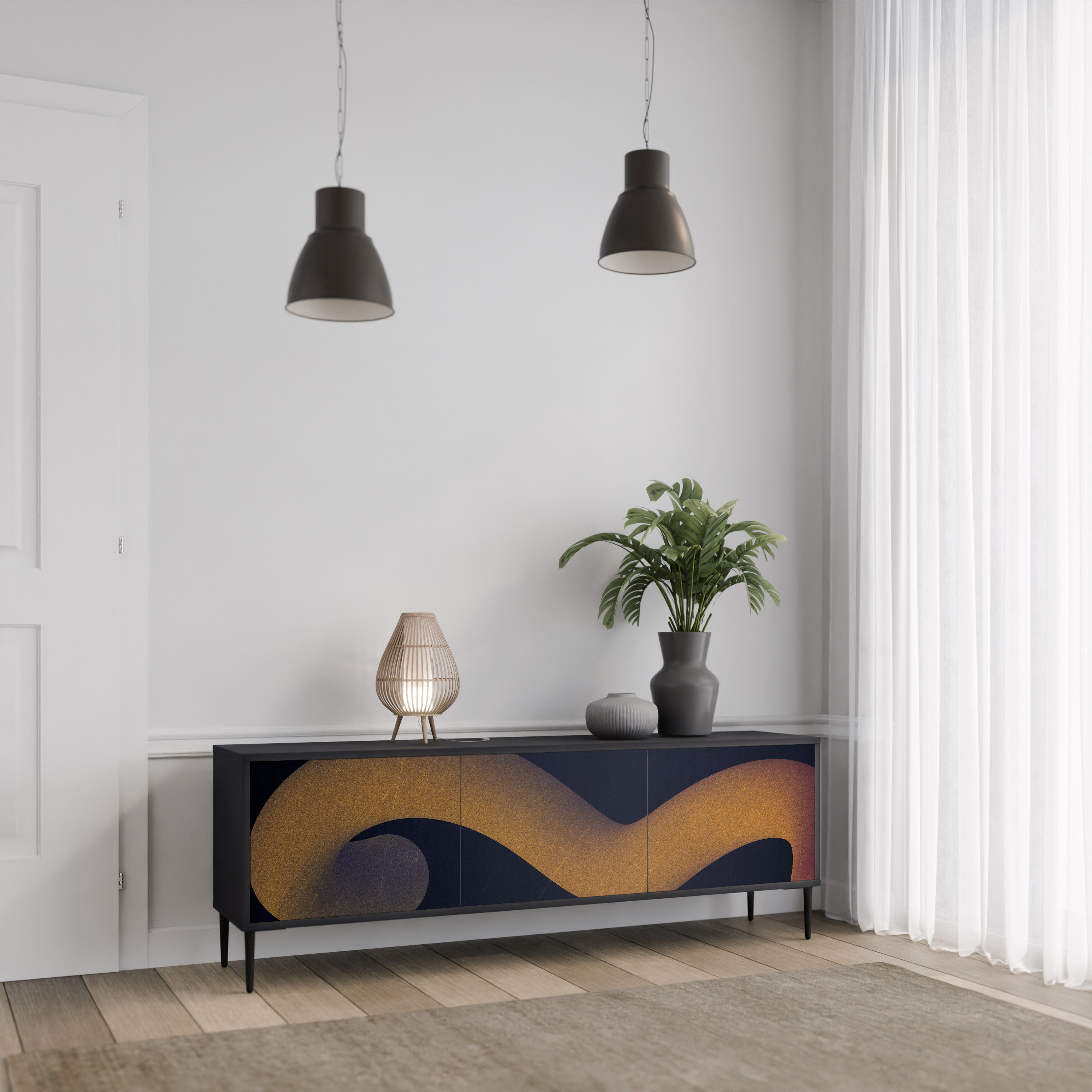 Mueble de TV HOLLOW TIME de 3 puertas con acabado negro