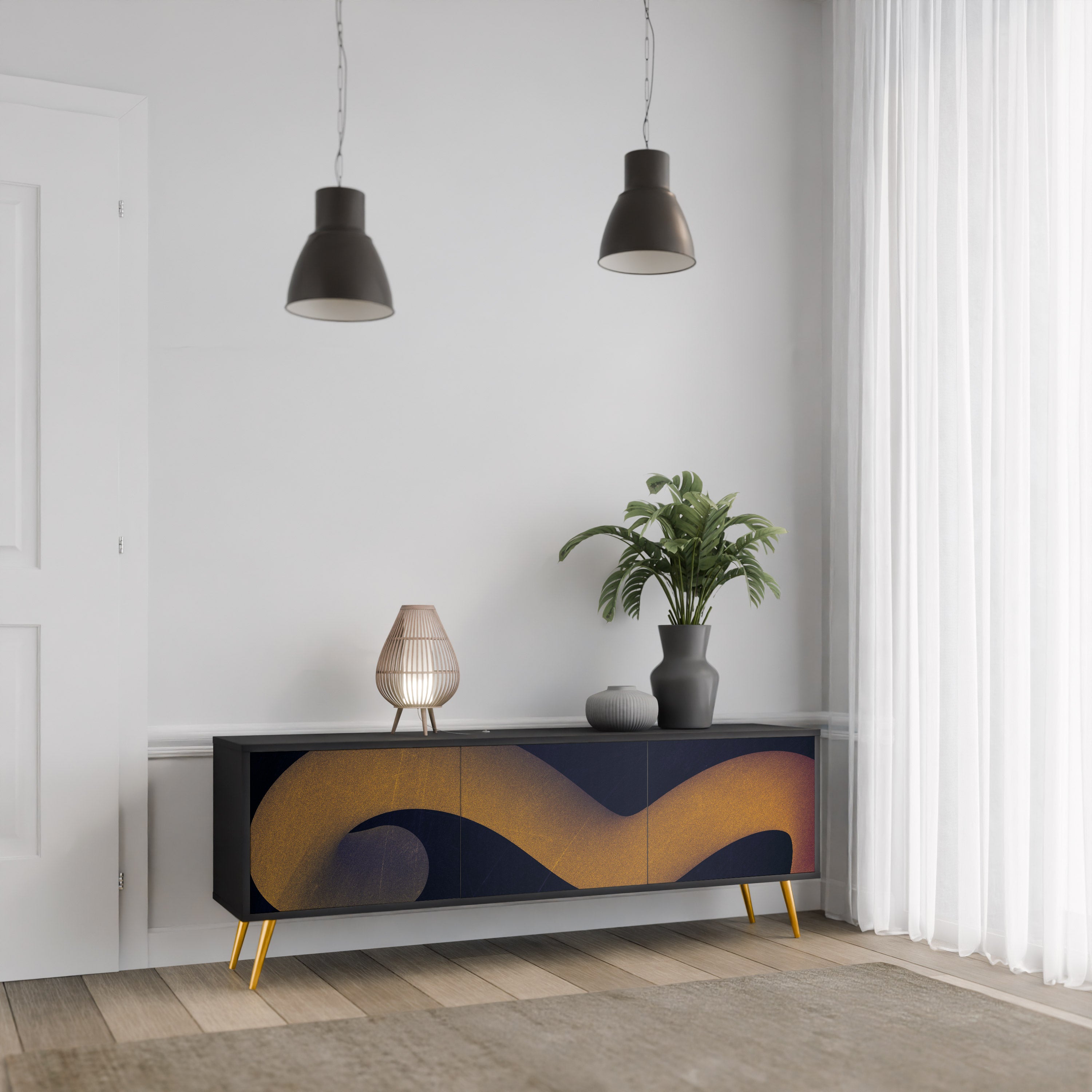 Mueble de TV HOLLOW TIME de 3 puertas con acabado negro