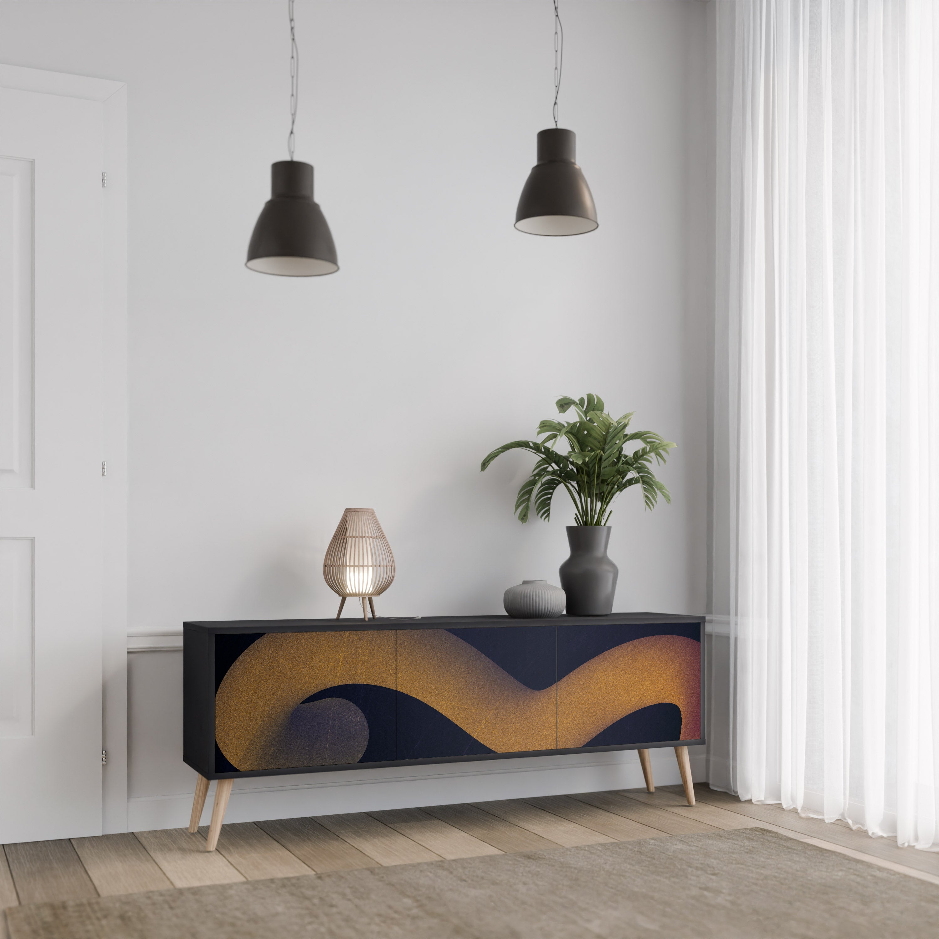 Mueble de TV HOLLOW TIME de 3 puertas con acabado negro