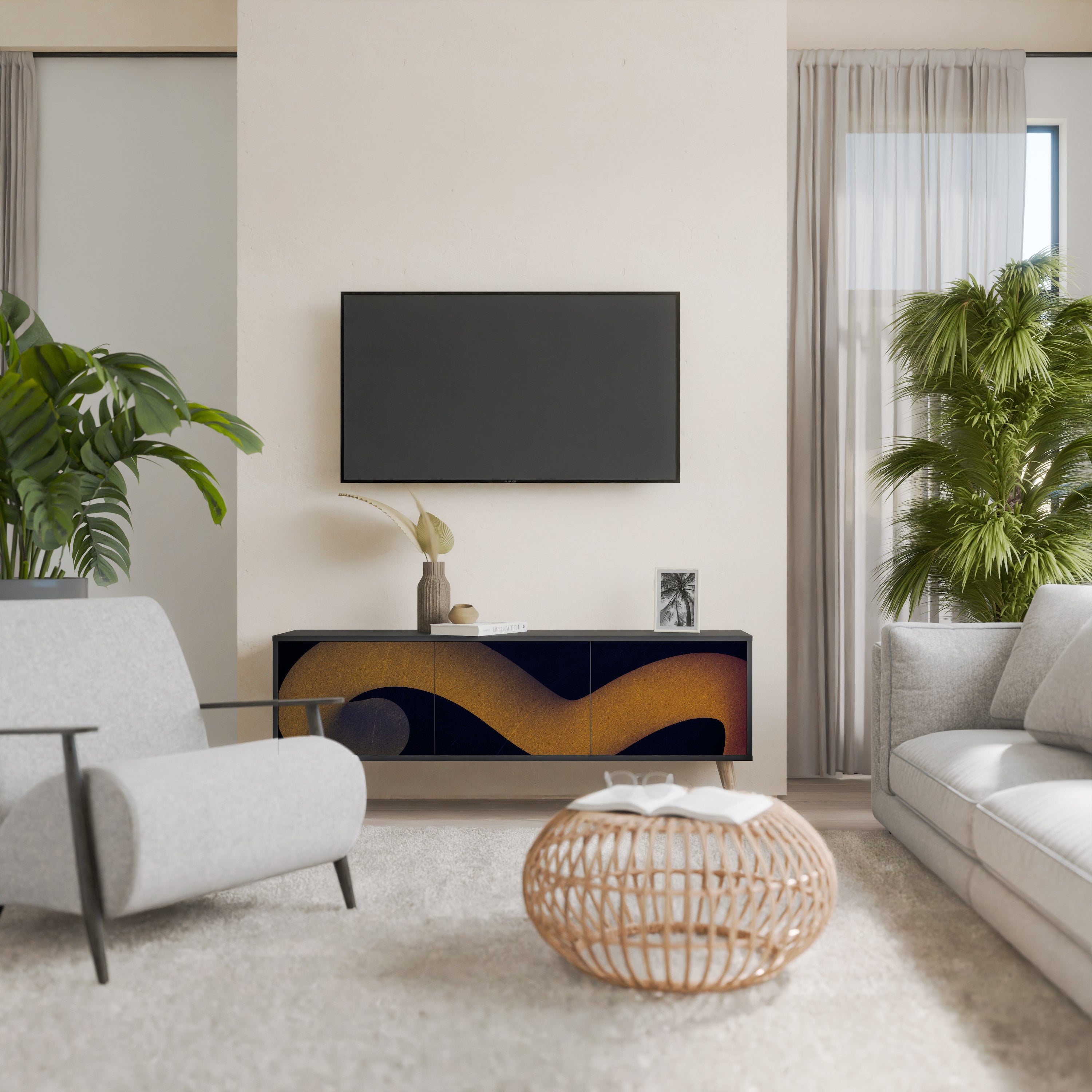 Mueble de TV HOLLOW TIME de 3 puertas con acabado negro