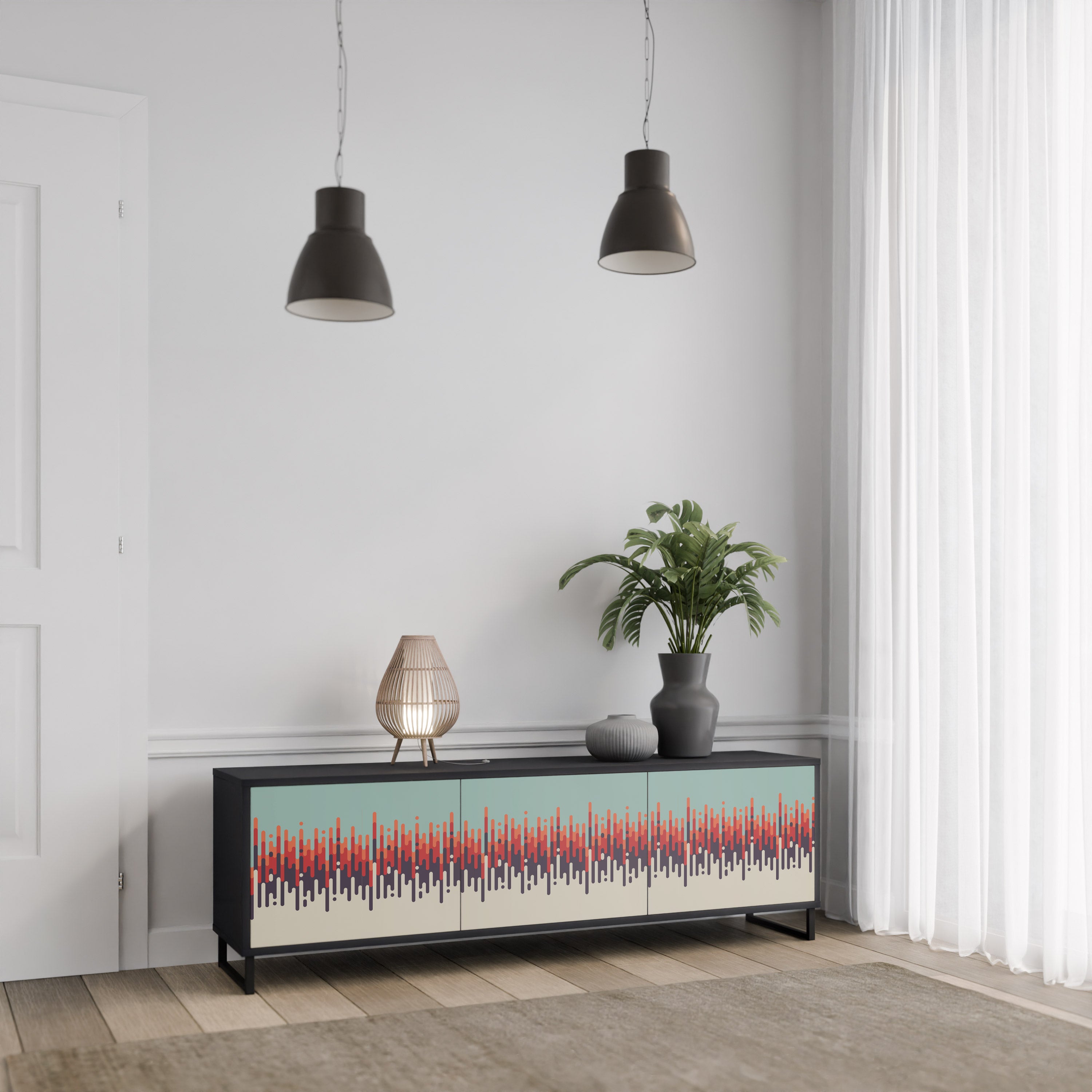 Mueble de TV de 3 puertas CHROMA CONTOURS con acabado negro